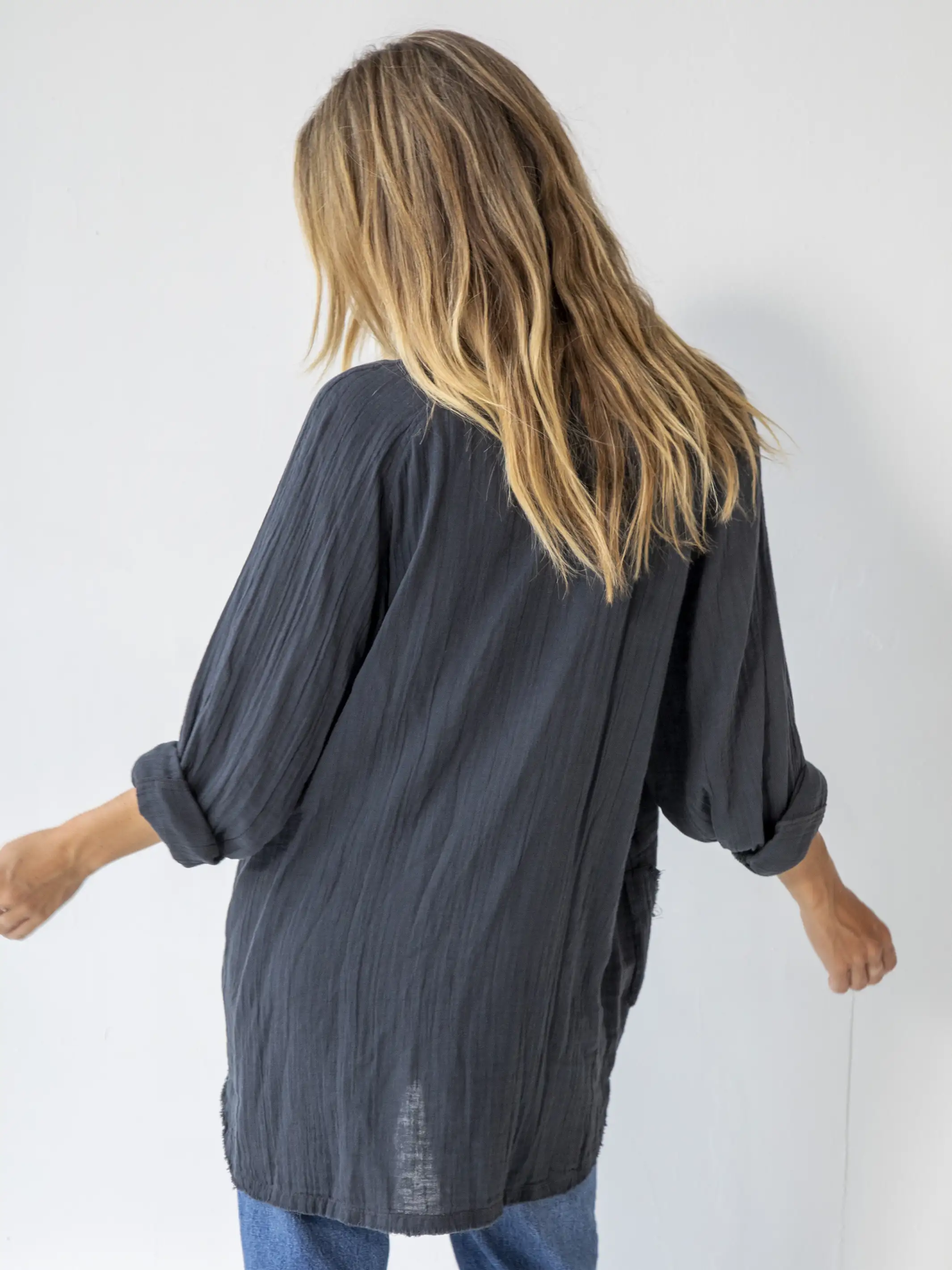Laid Back Cotton Button Down Top - Charcoal