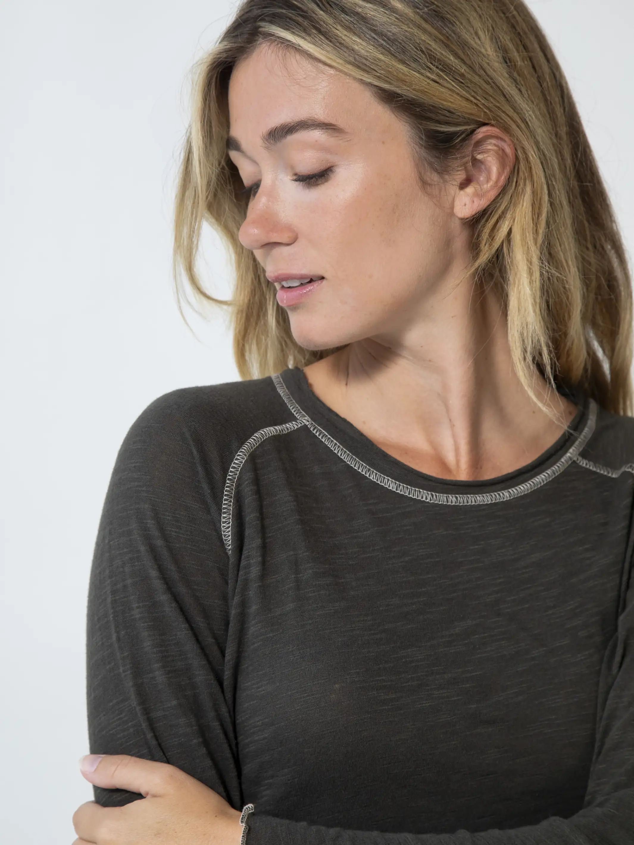 Lily Knit Cotton Long Sleeve Tee Shirt - Charcoal