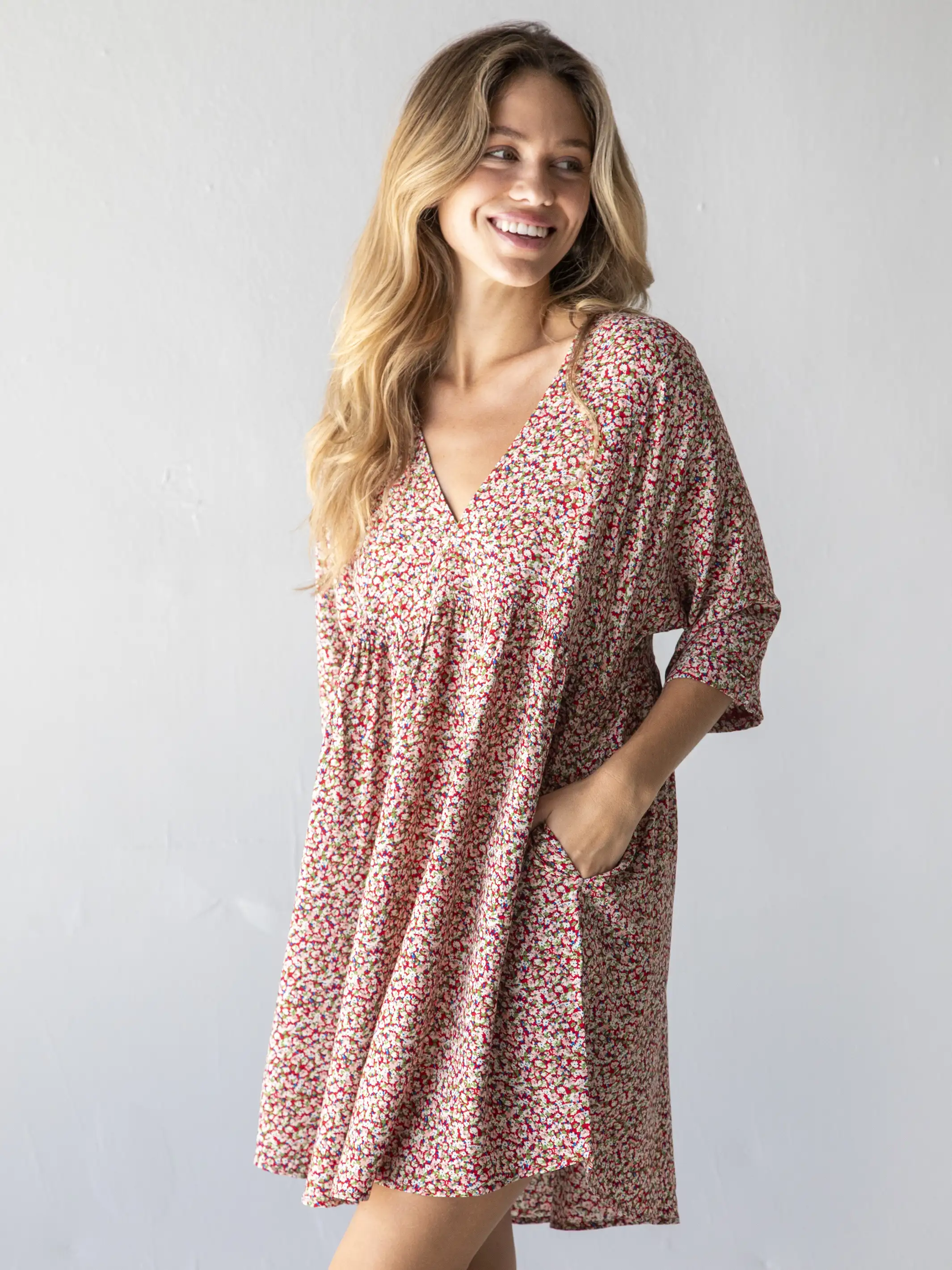 Stella V-Neck Dress - Pink Ditsy