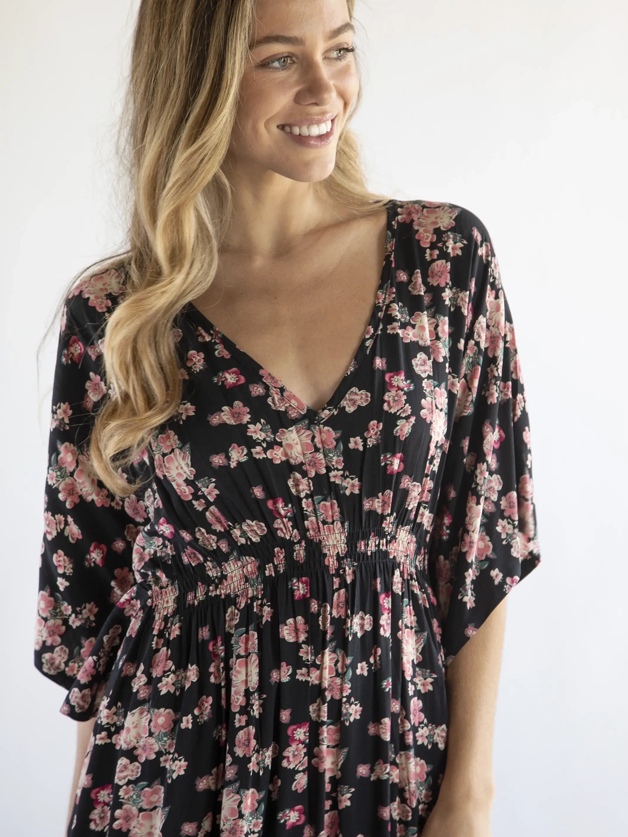 Sanibel Kaftan Dress - Black Light Pink Floral