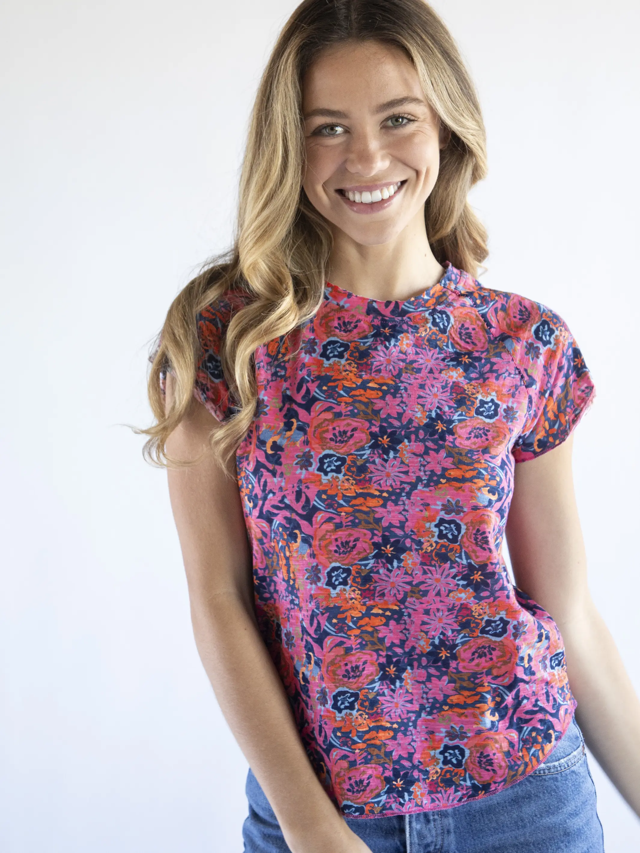 Lily Knit Cotton Tee Shirt - Grey Pink Painted Floral