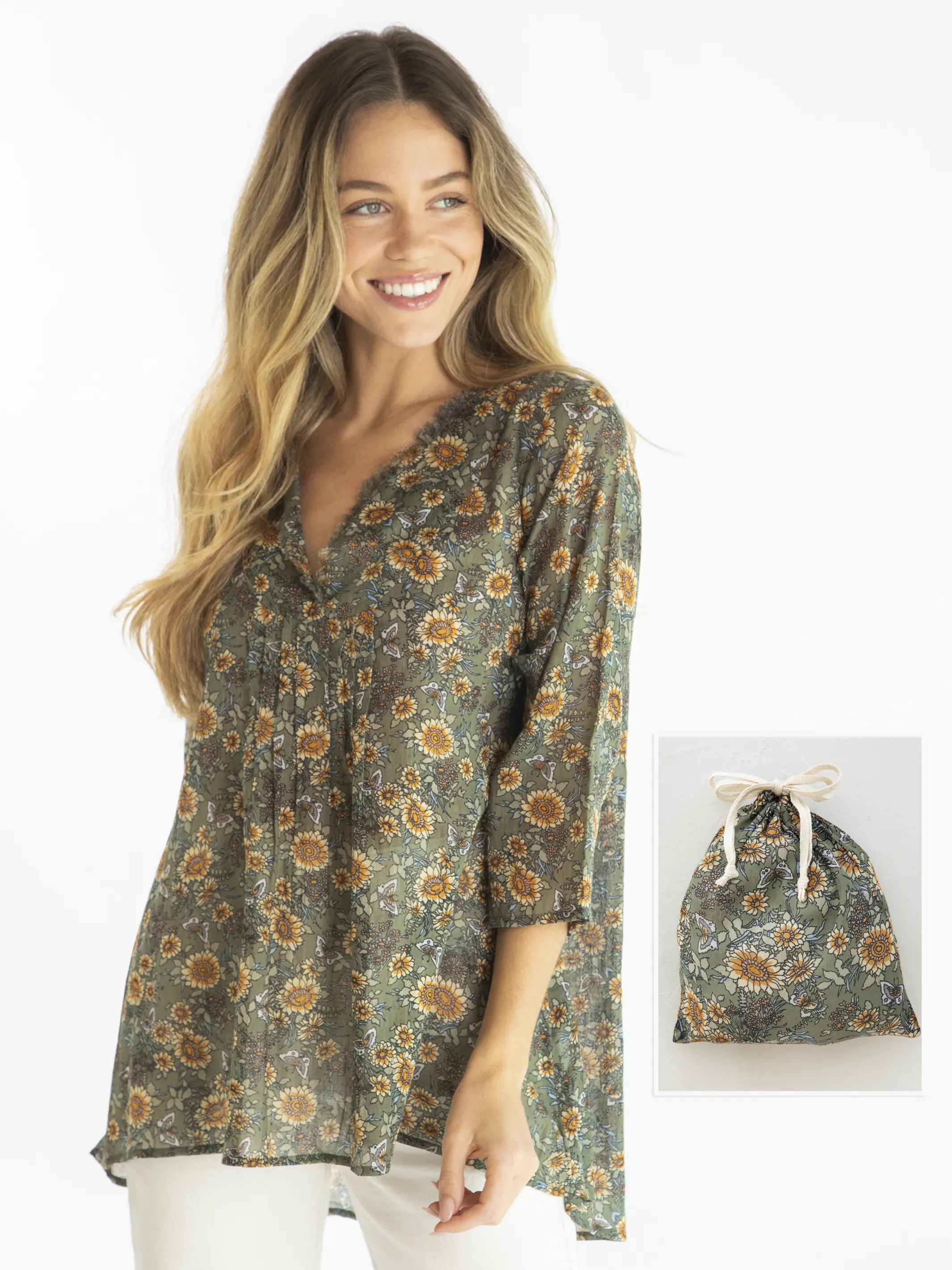 Cotton Tunic-In-A-Bag - Green Sunflower Butterflies