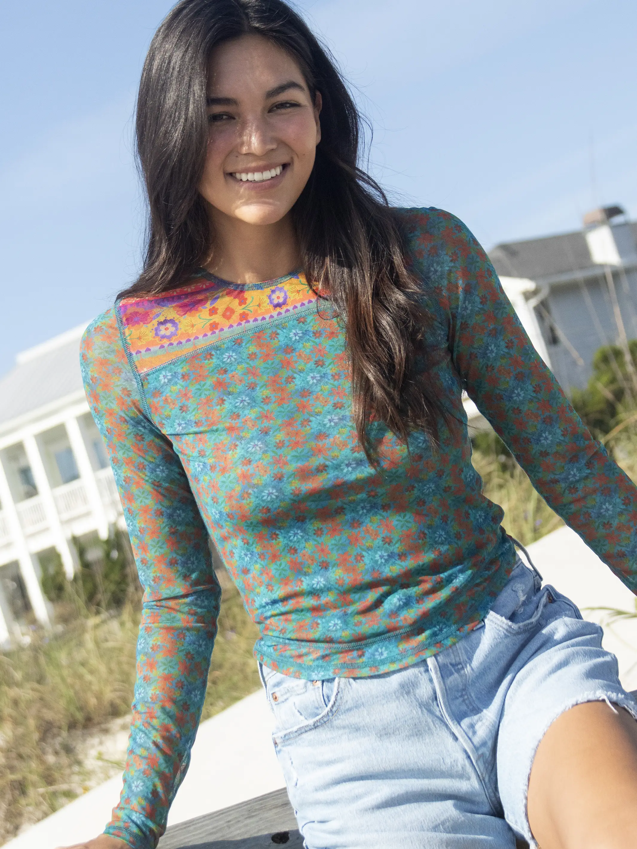 Sloane Mesh Long Sleeve Top - Bright Border