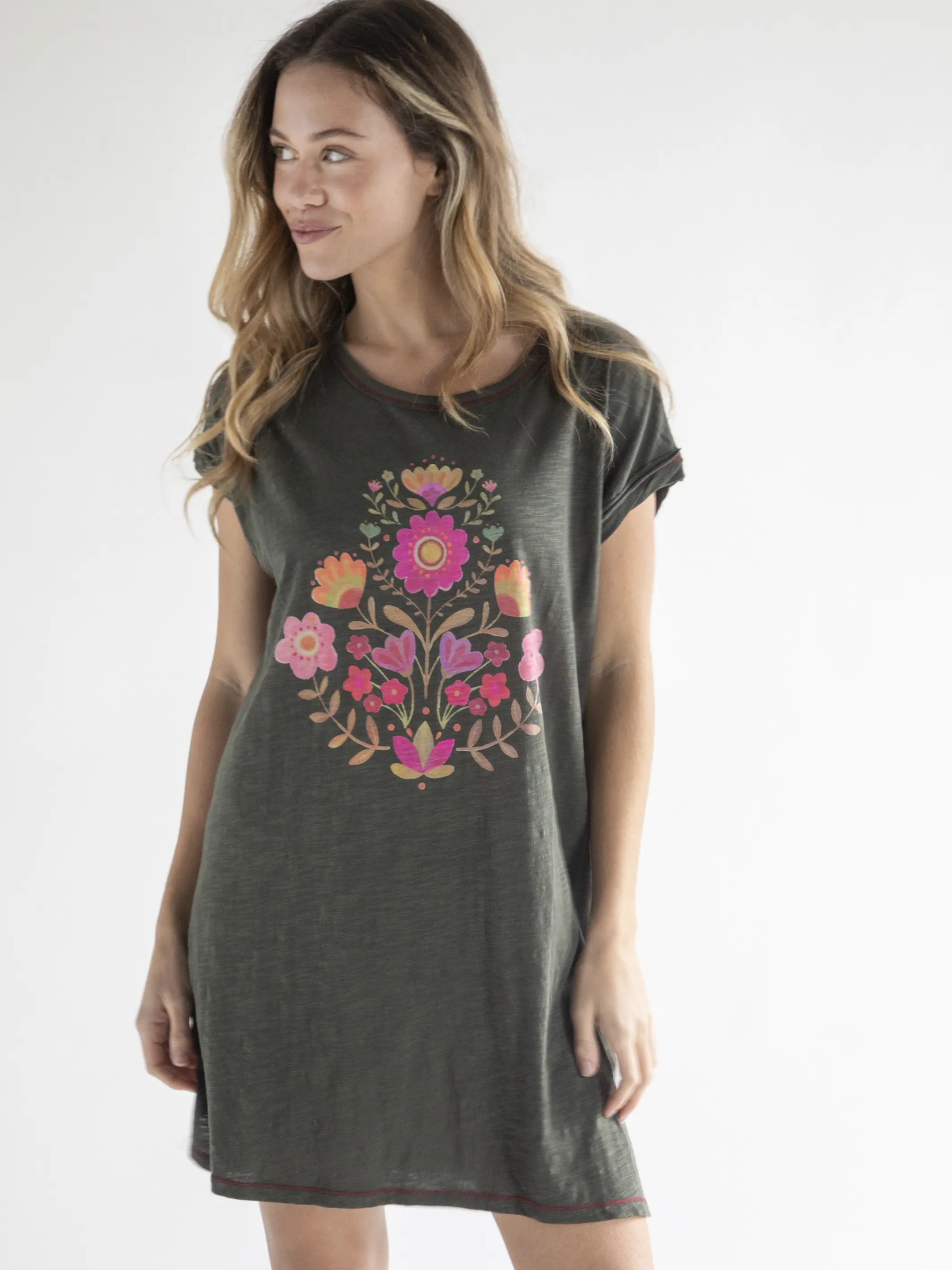 Frankie Cotton Tee Dress - Folk Flower