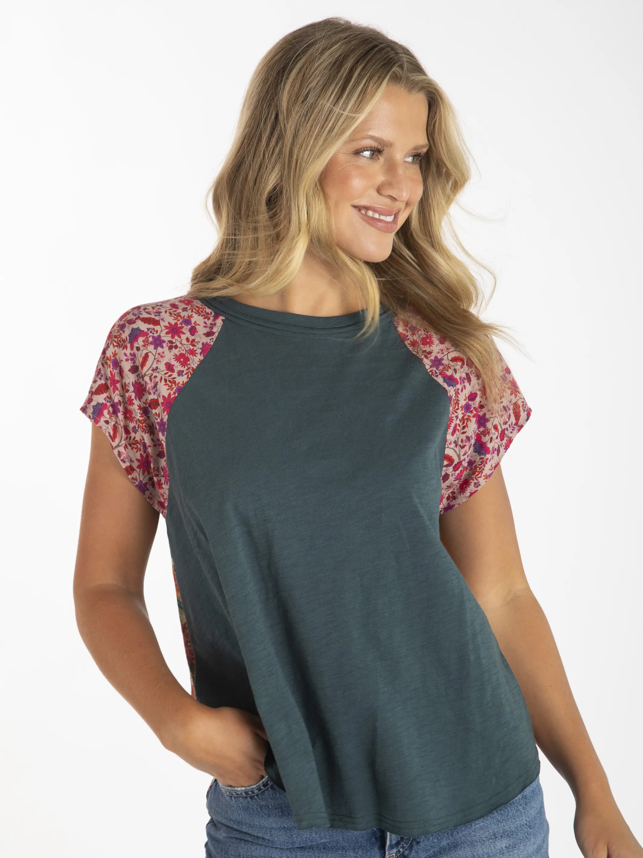 Daphne Mixed Print Top - Tan Magenta Mixed Floral