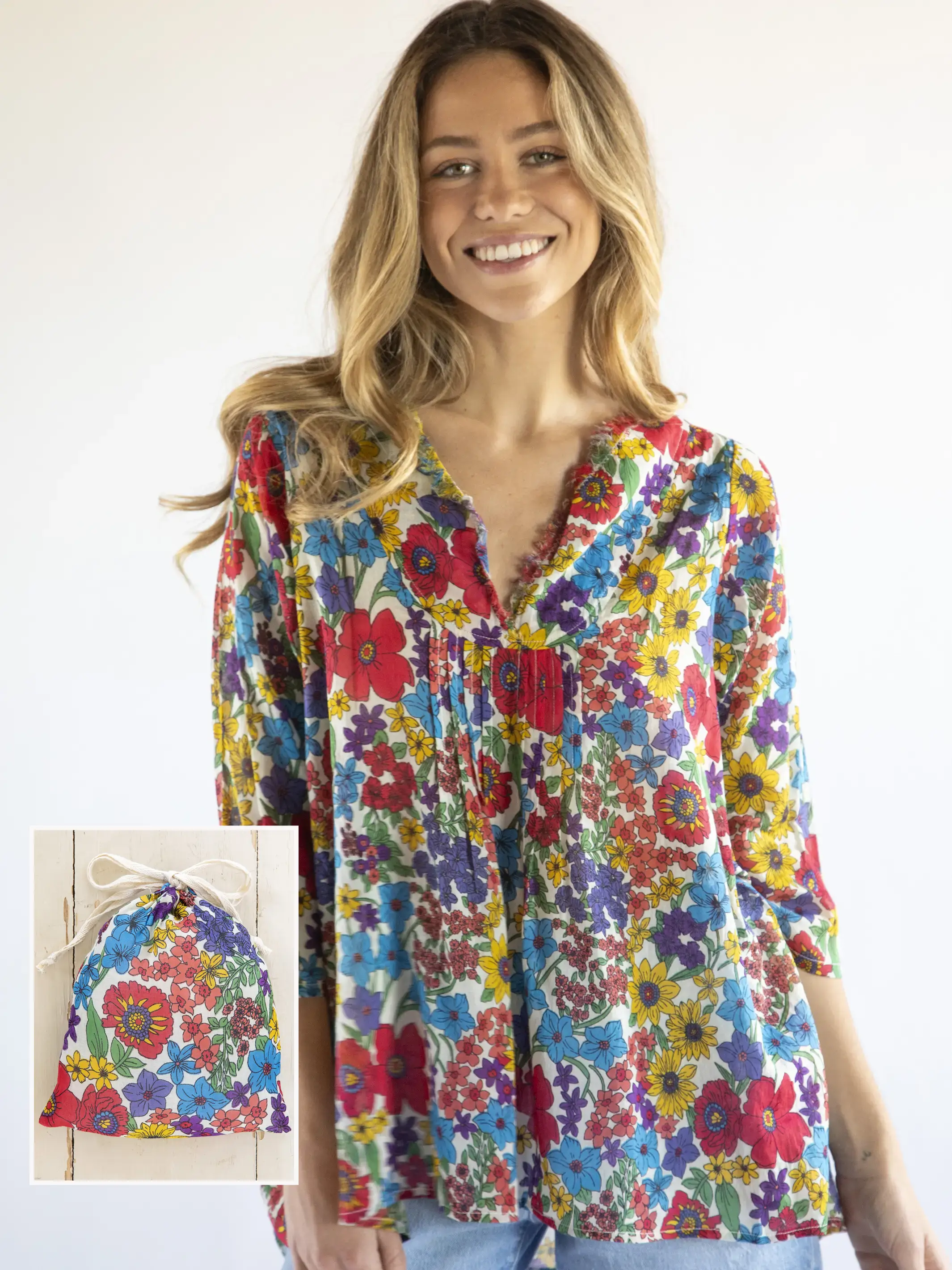 Cotton Tunic-In-A-Bag - Red Yellow Blue Floral