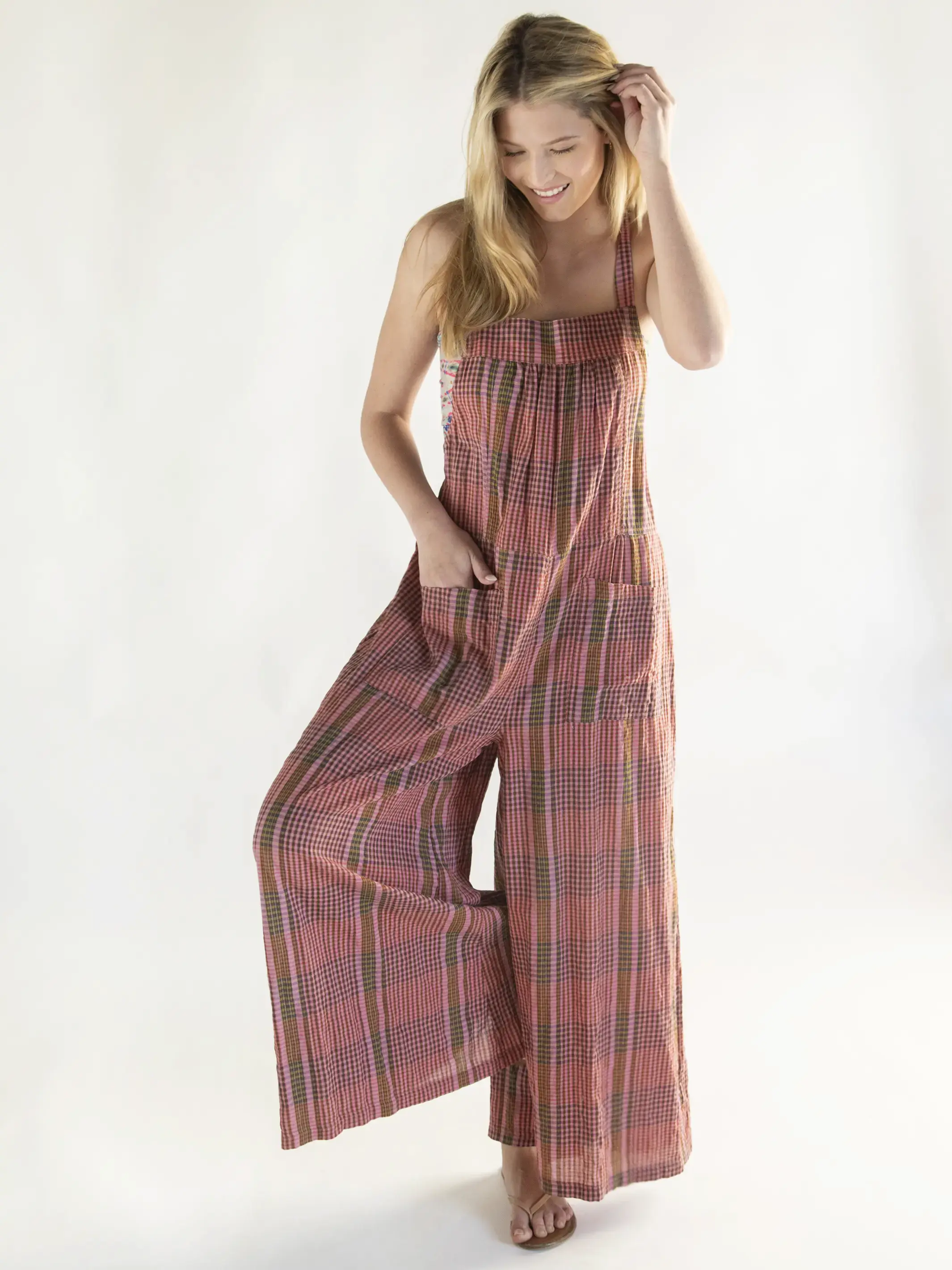 Dakota Tie Overall - Pink Plaid
