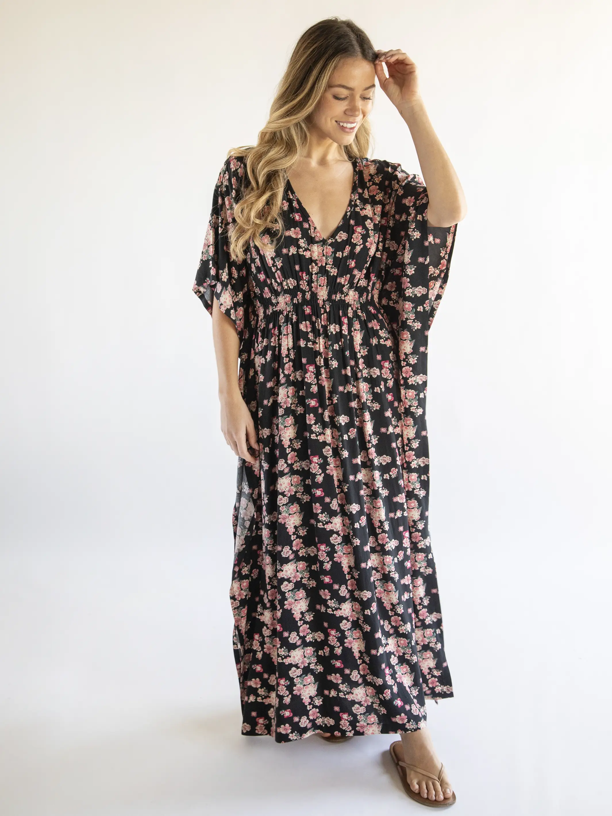 Sanibel Kaftan Dress - Black Light Pink Floral