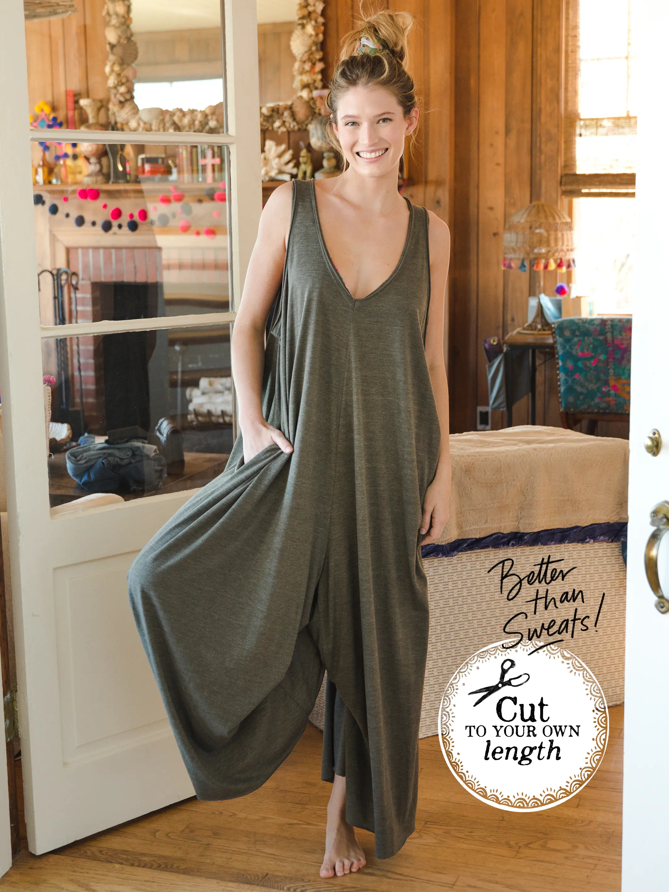 Knit V-Neck Jumpsuit - Olive