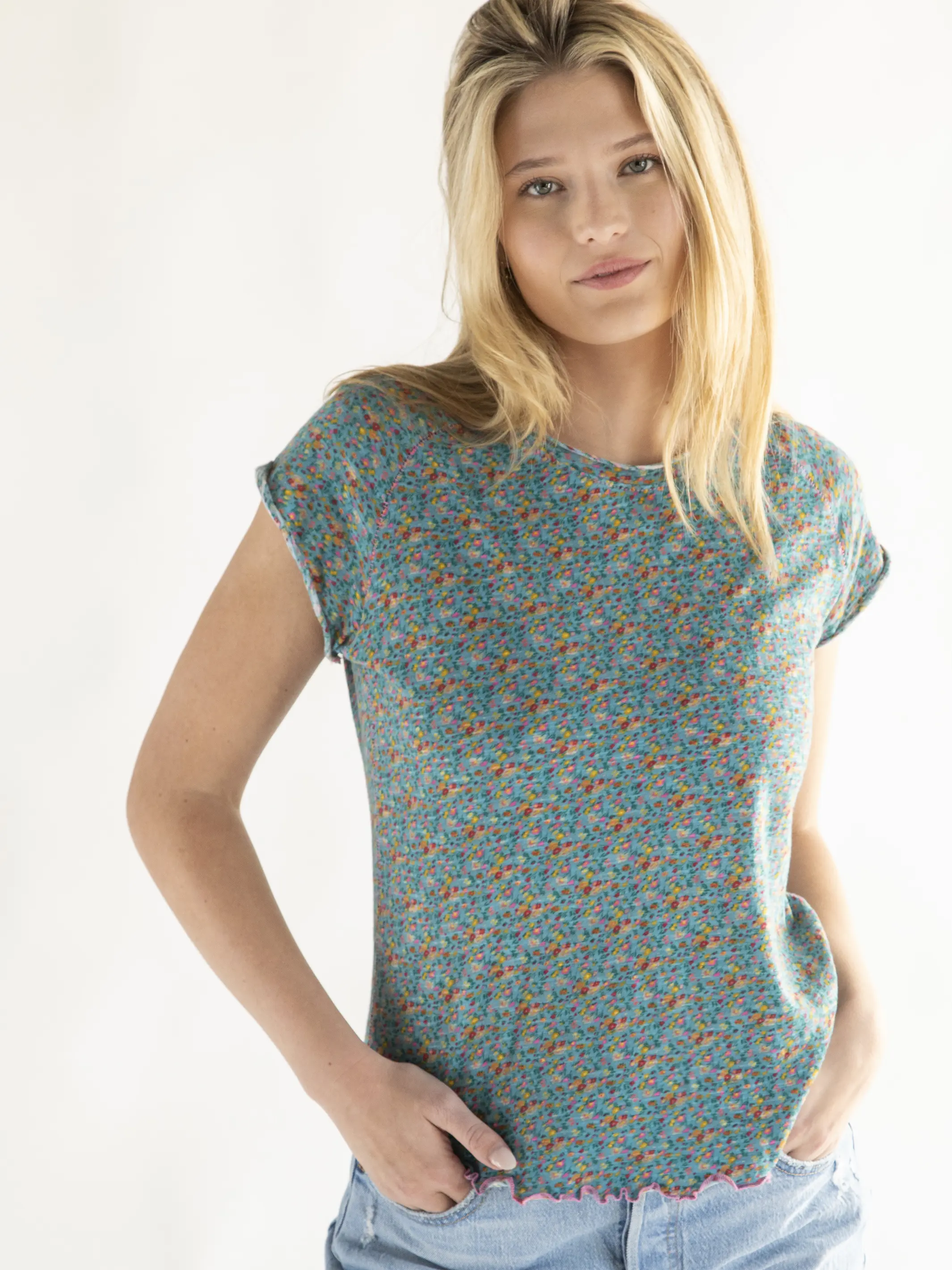 Lily Knit Cotton Tee Shirt - Turquoise Pink Floral
