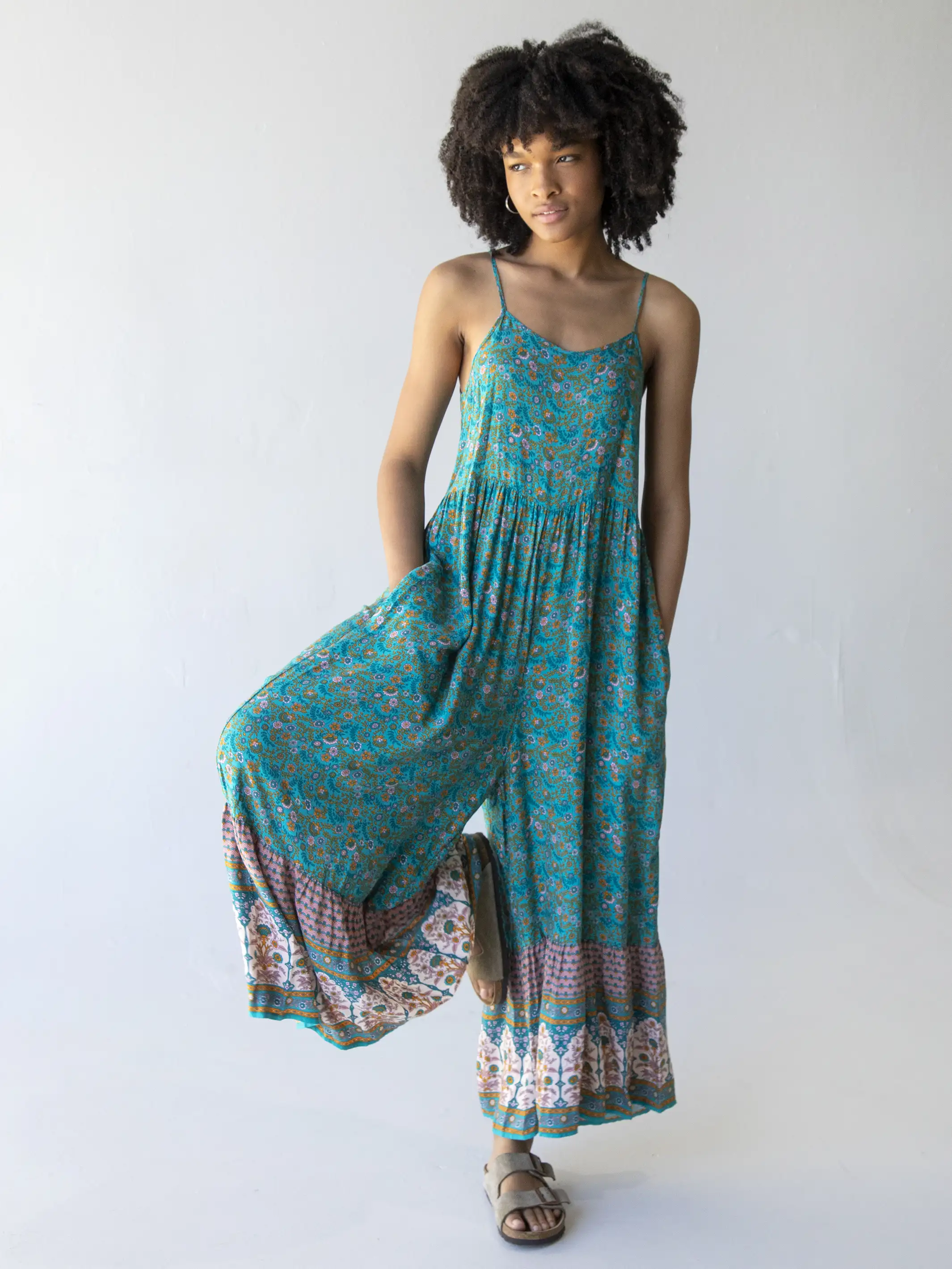 Zoe Wide-Leg Jumpsuit - Turquoise Cream Border