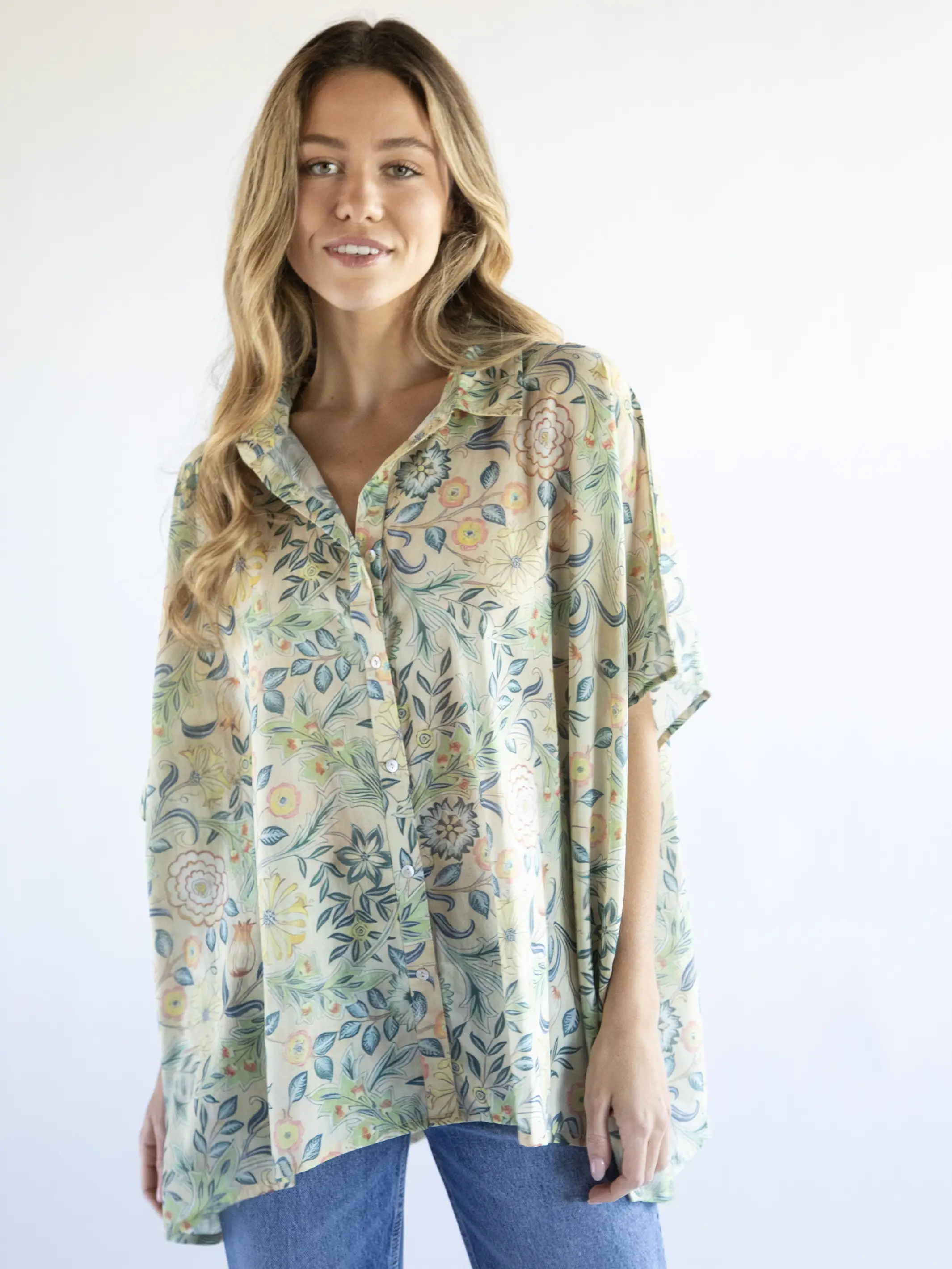 Kelly Oversized Cotton Button Down - Cream Blue Leaves