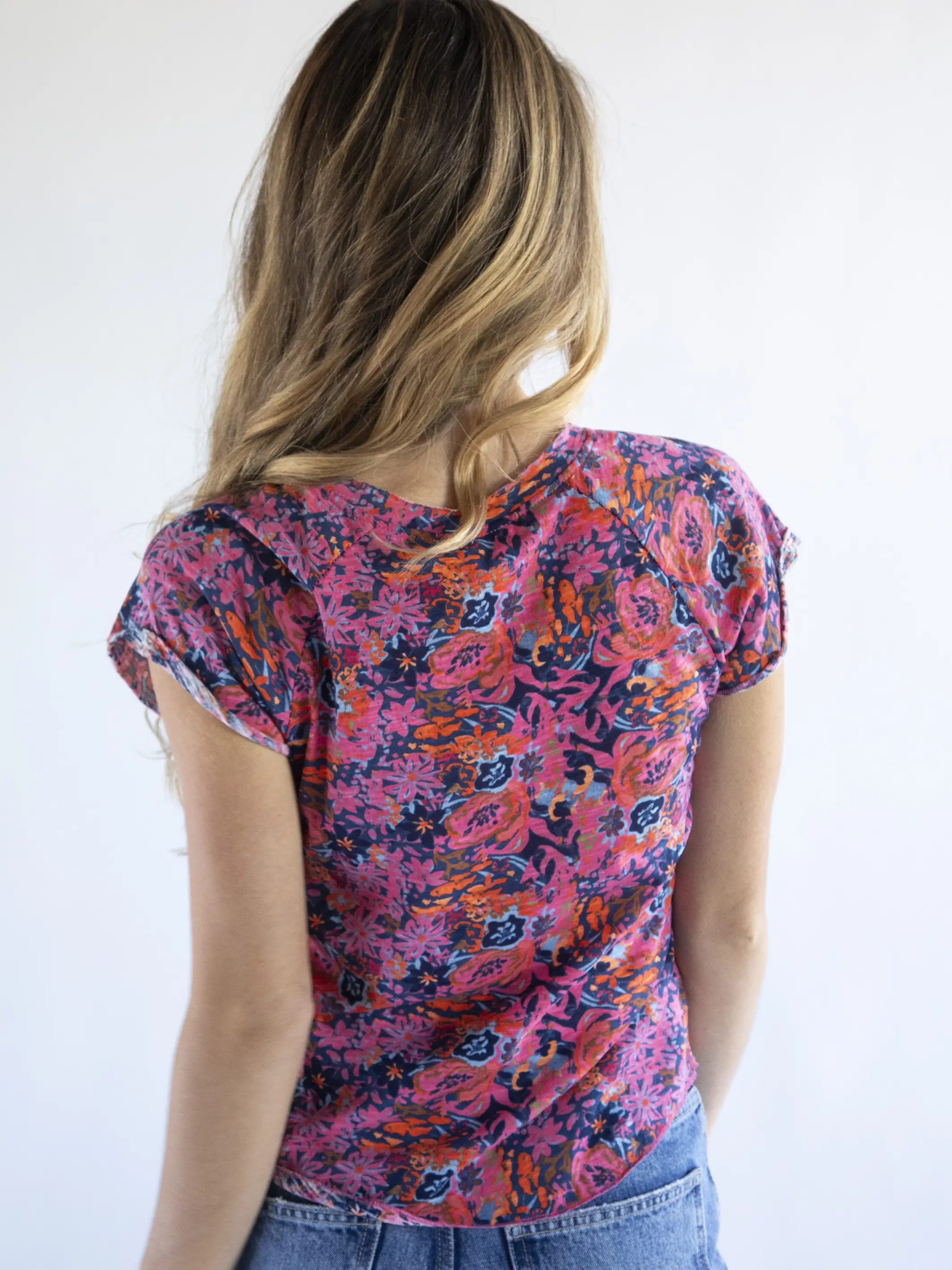 Lily Knit Cotton Tee Shirt - Grey Pink Painted Floral