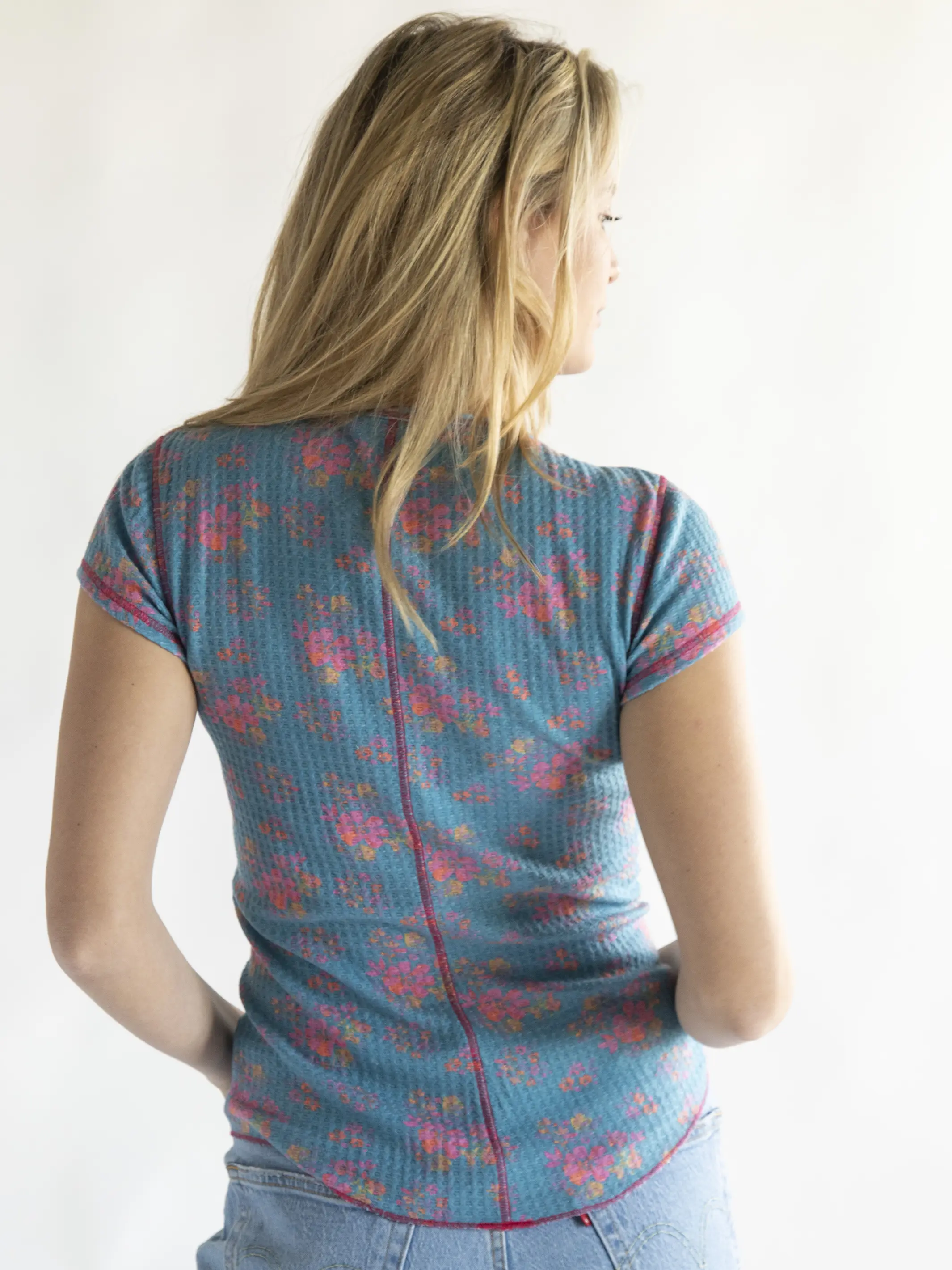 Reagan Waffle Tee - Turquoise Pink Floral