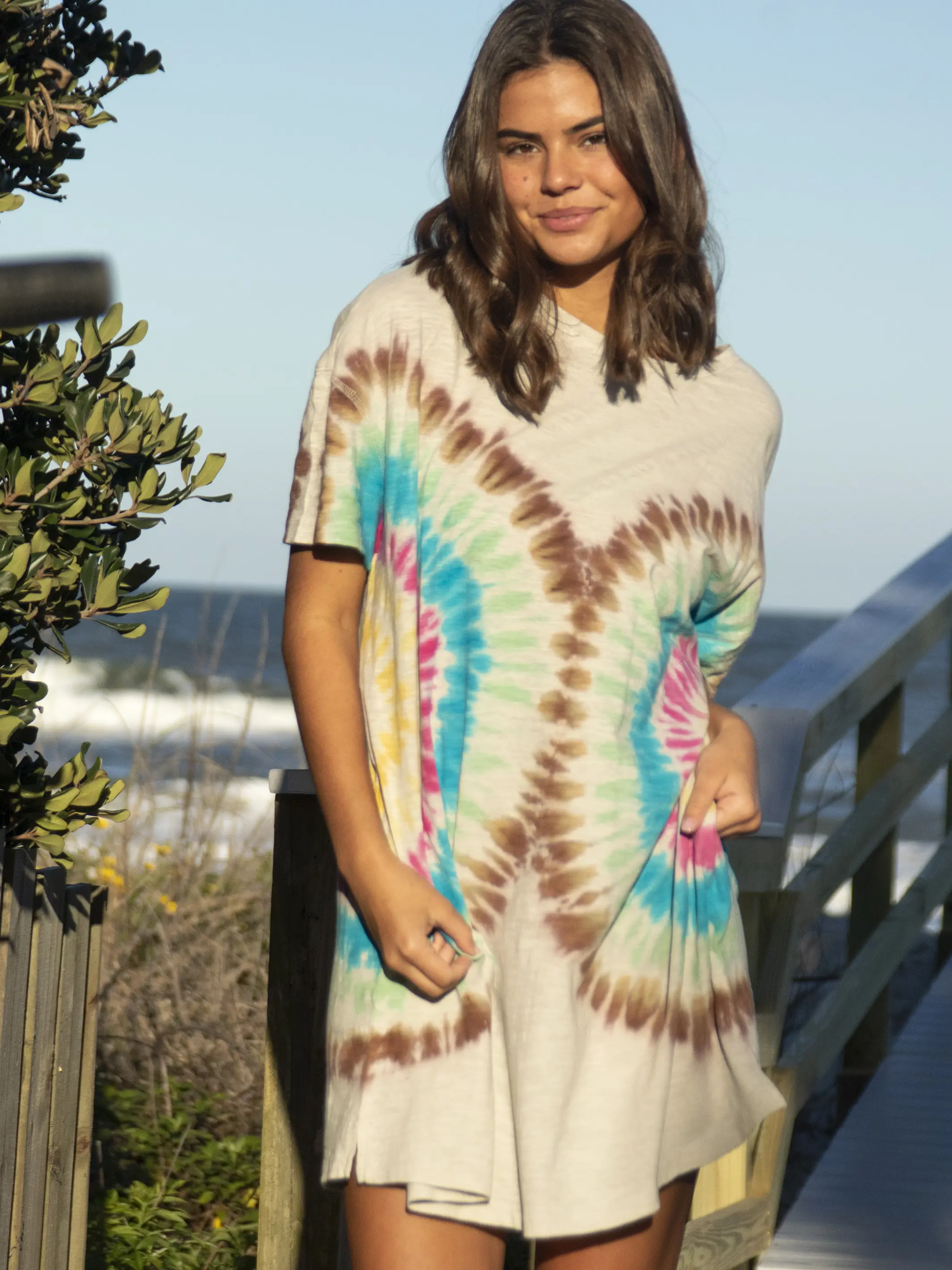 Misty Oversized Cotton Tee Dress - Rainbow Tie-Dye