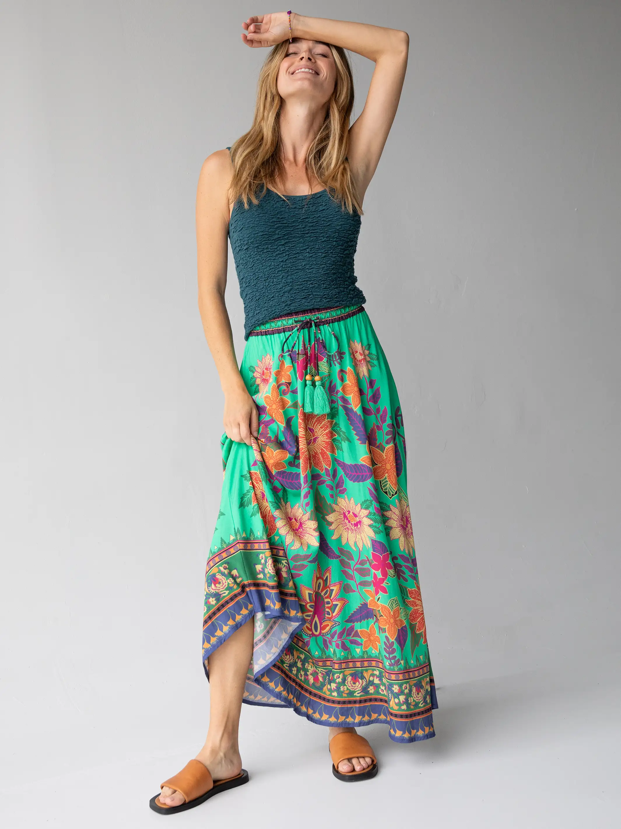 Milena Skirt - Green Bright Floral Border
