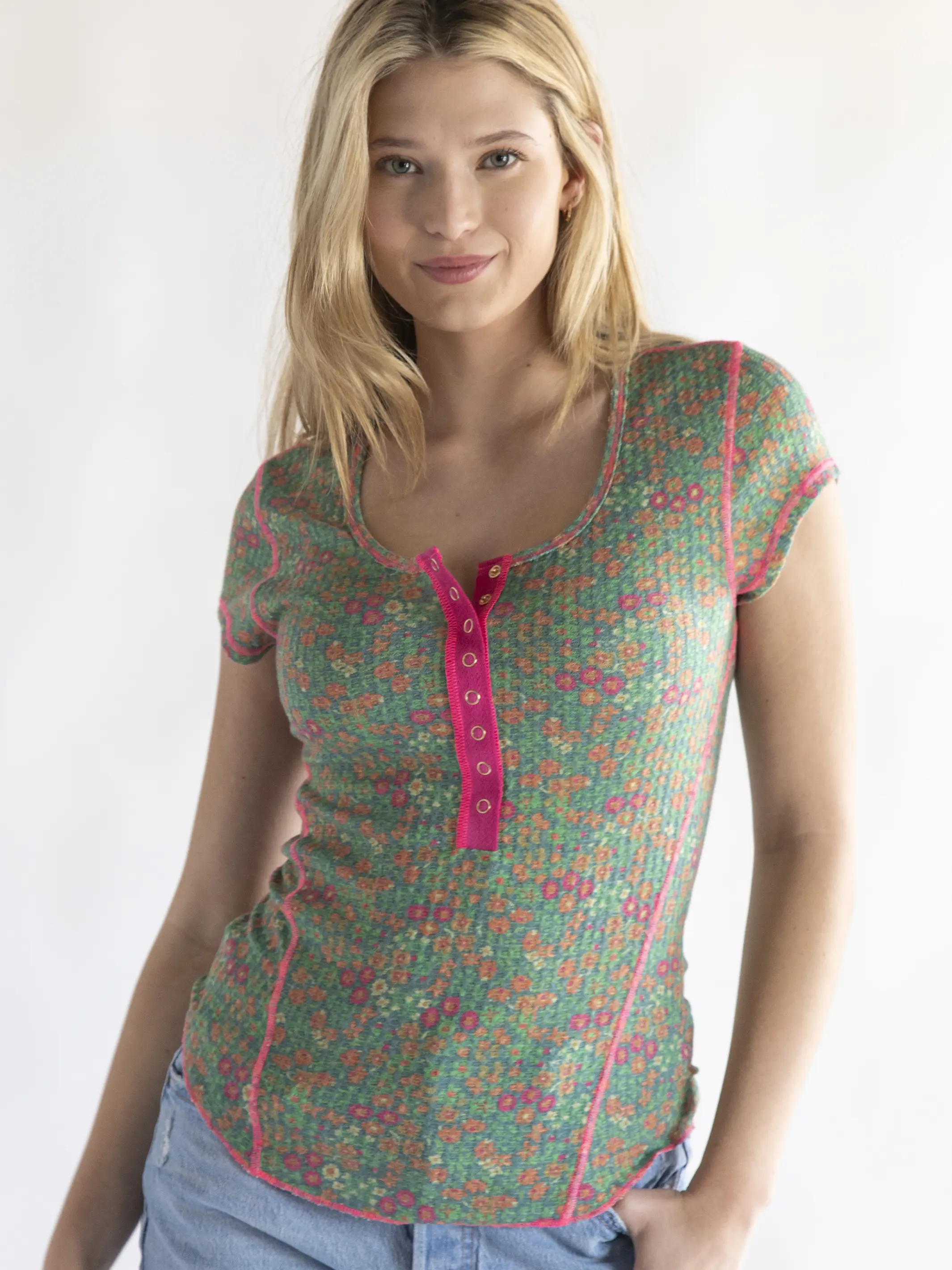 Reagan Waffle Tee - Meadow Pink Floral