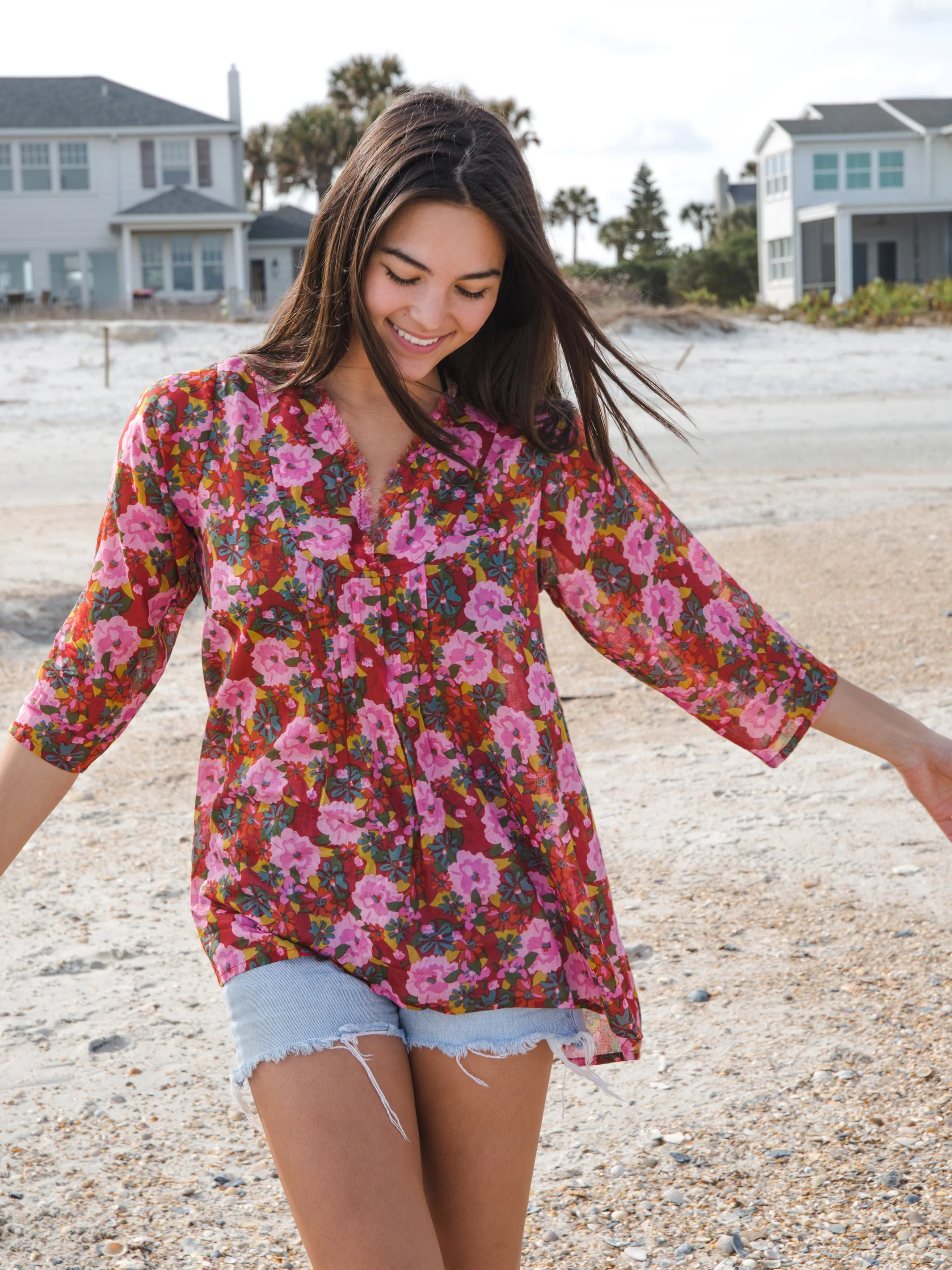 Cotton Tunic-In-A-Bag - Pink Red Floral