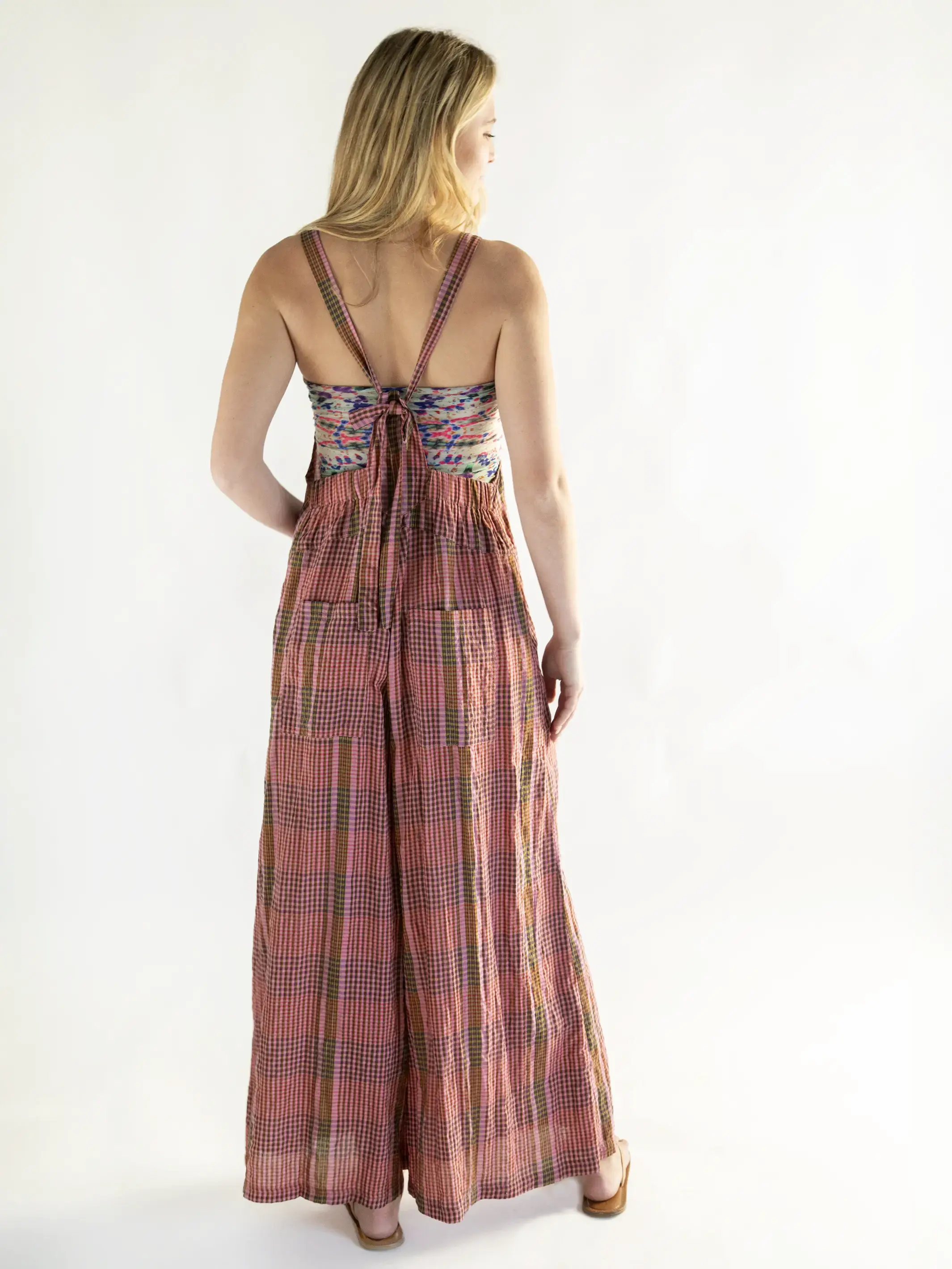 Dakota Tie Overall - Pink Plaid