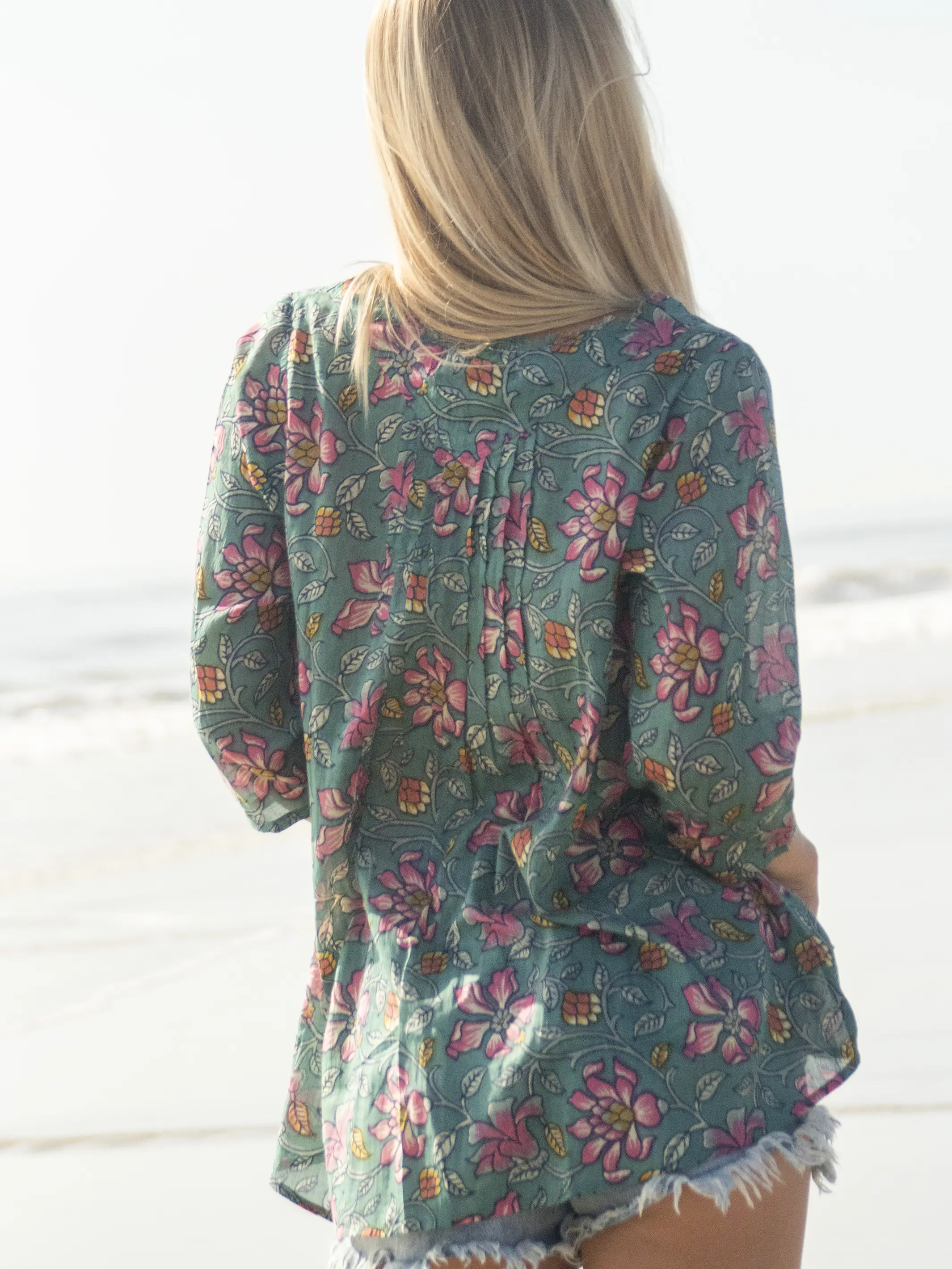 Cotton Tunic-In-A-Bag - Light Blue Pink Lilies