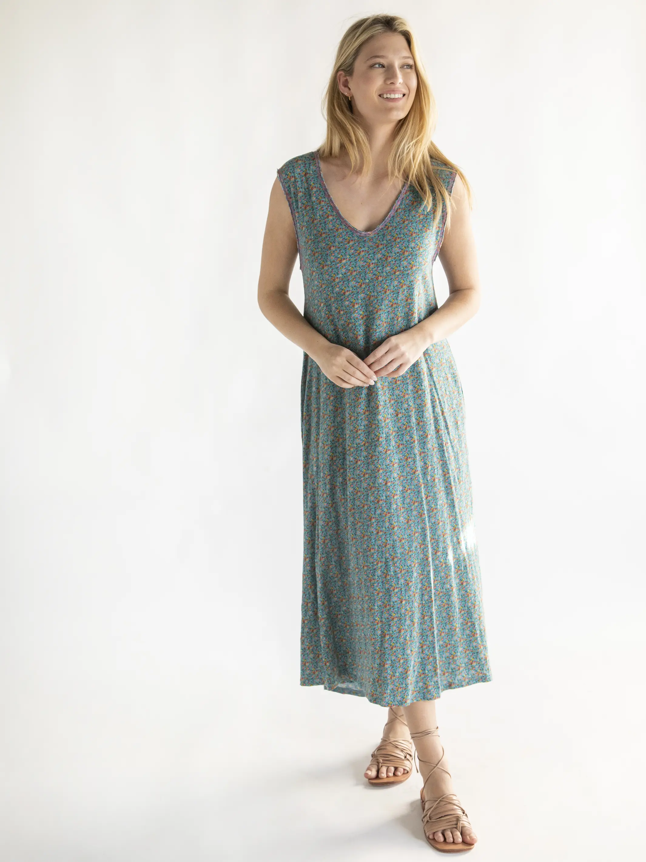 Hangout Cotton Midi Dress - Turquoise Pink Floral