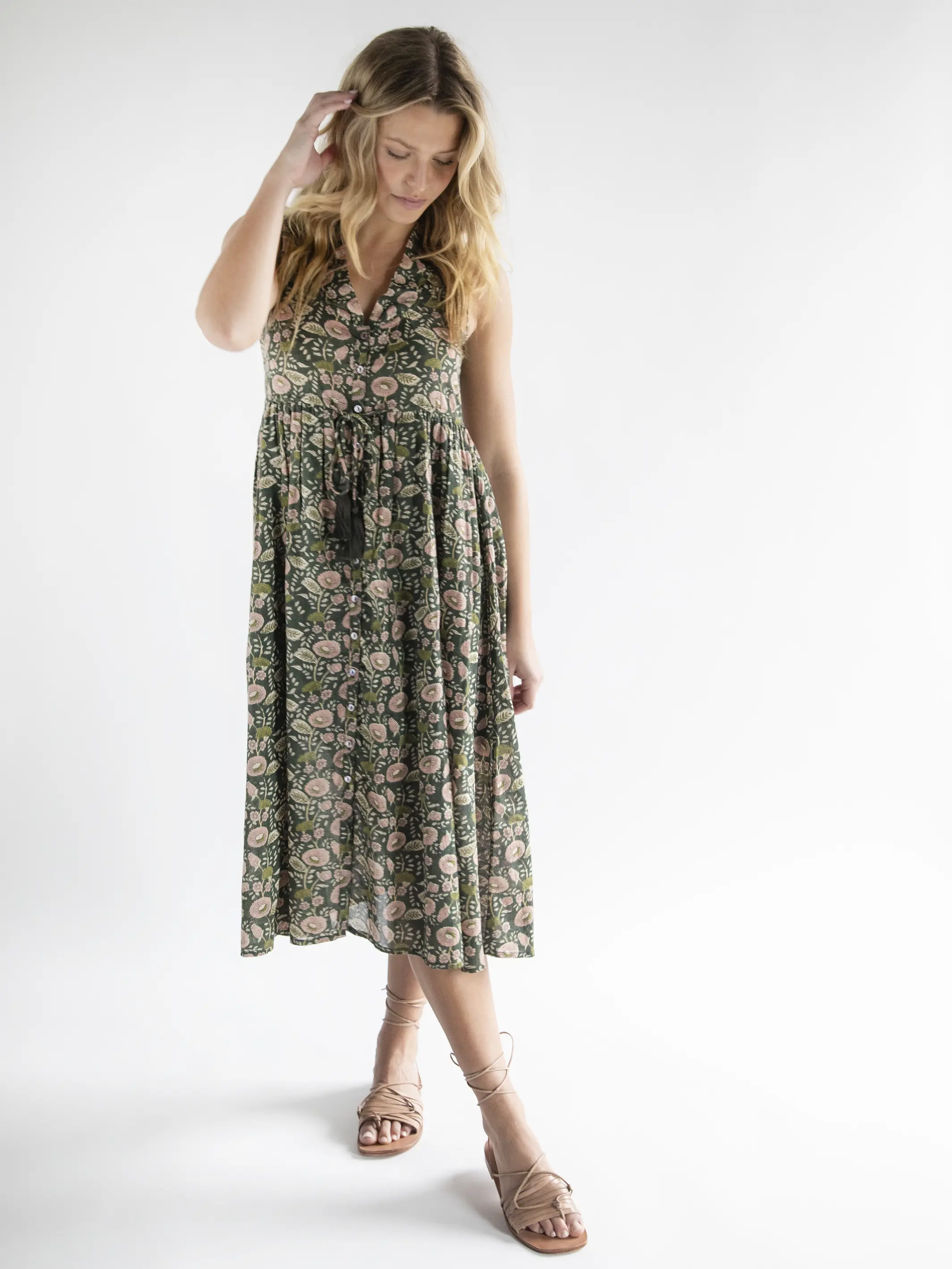 Amelia Cotton Sleeveless Shirt Dress - Green Floral Vines