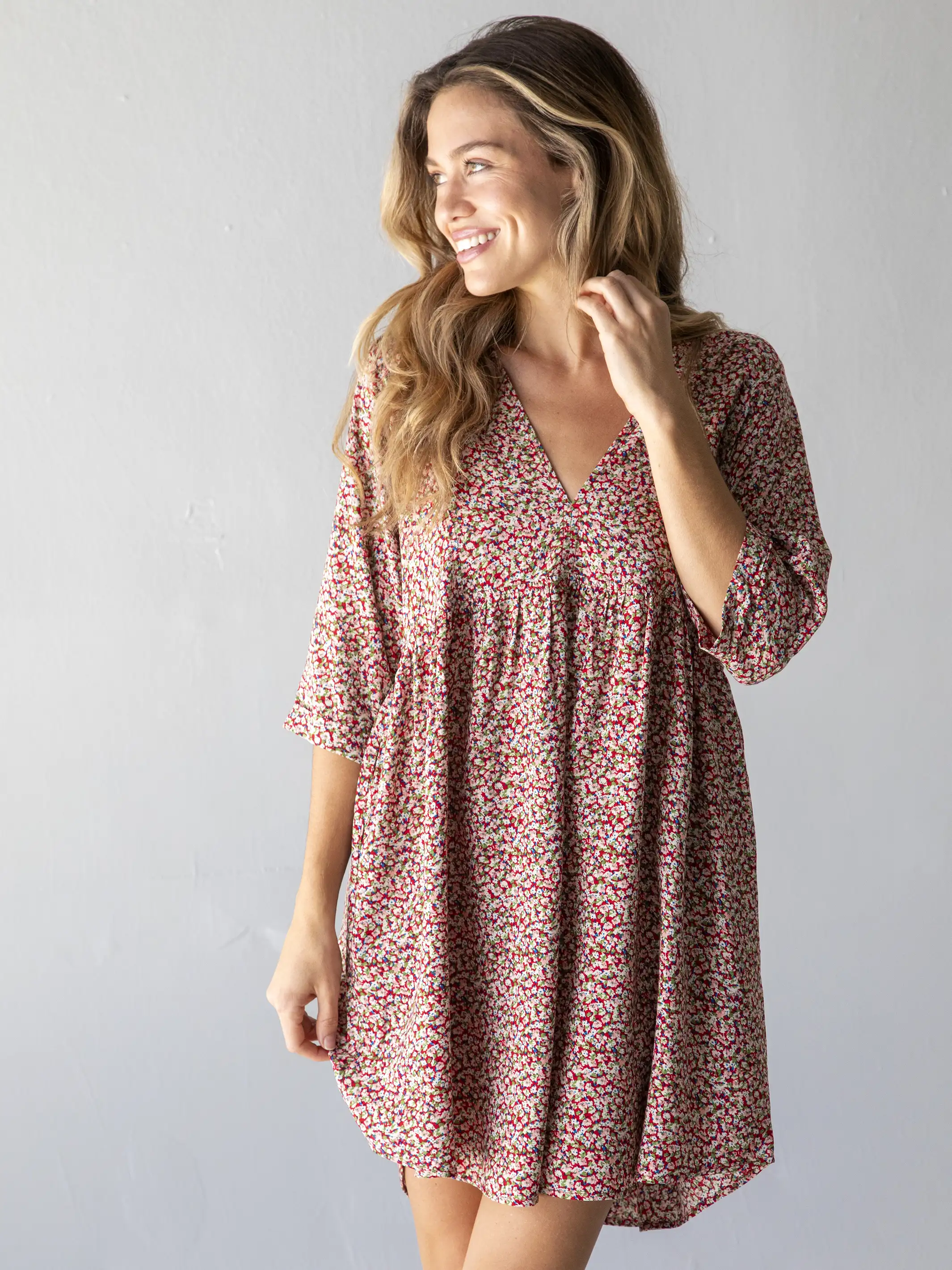 Stella V-Neck Dress - Pink Ditsy