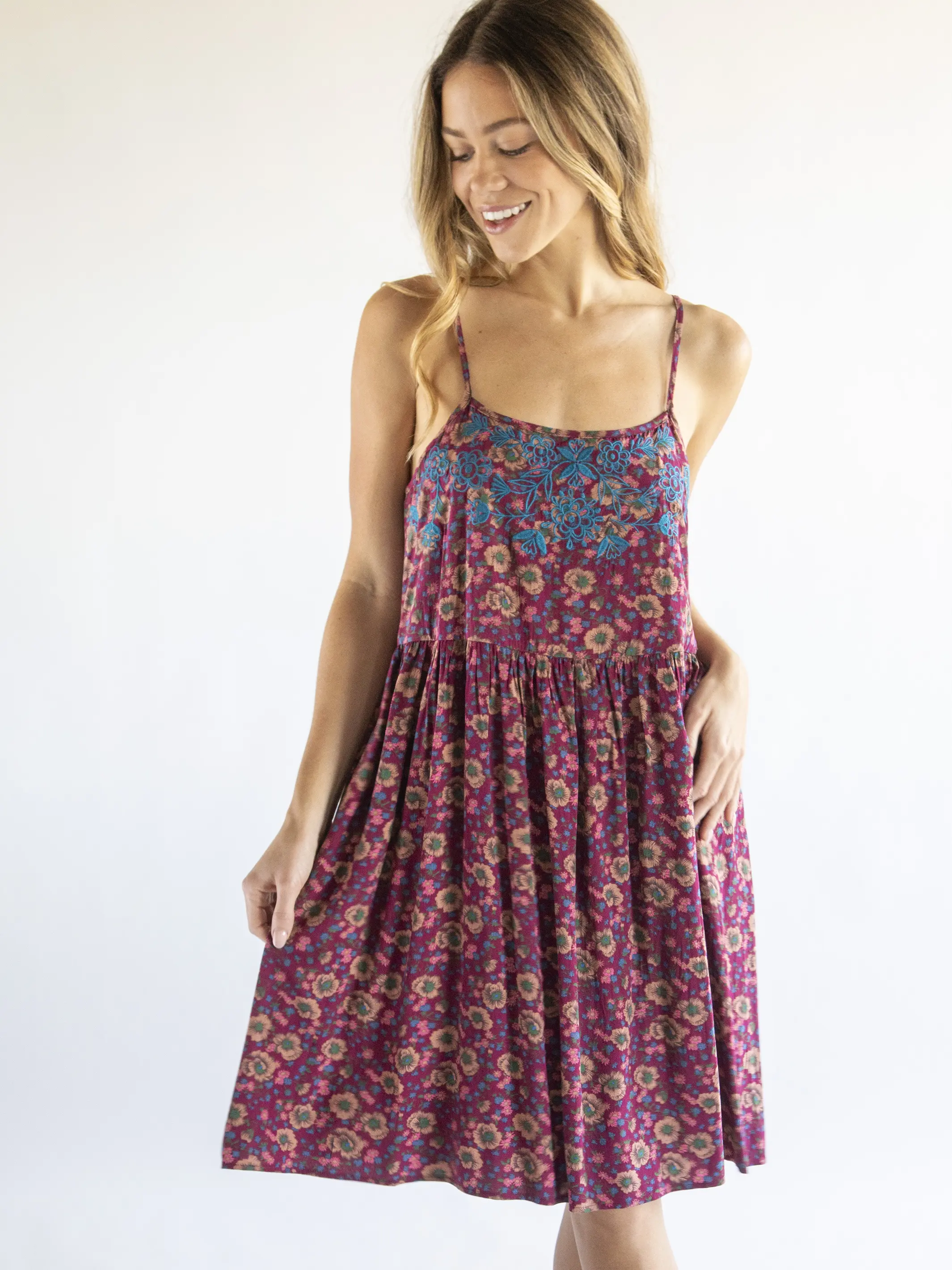 Embroidered Sara Dress - Cranberry Floral