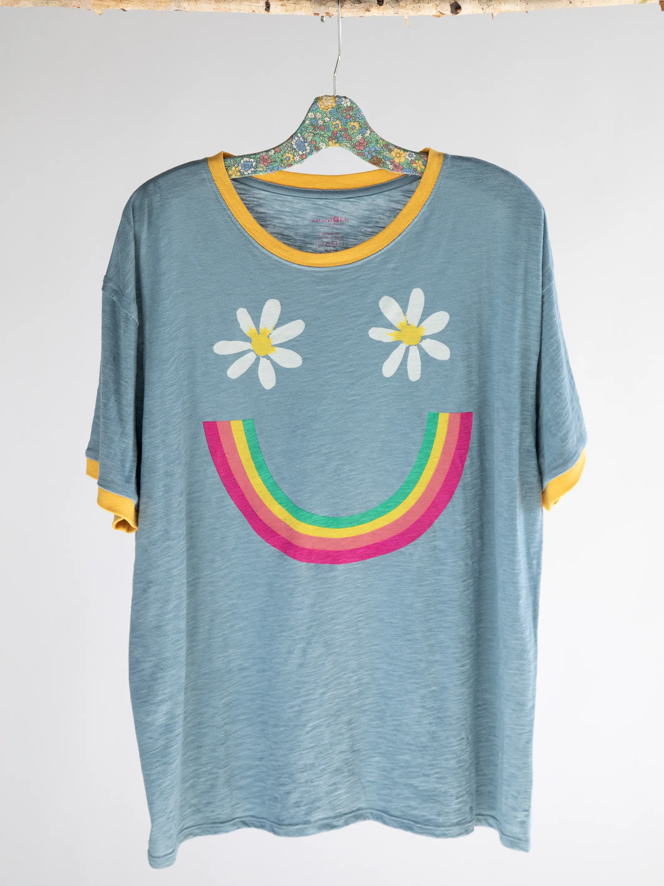 Ringer Oversized Tee Shirt - Dusty Blue Smiley