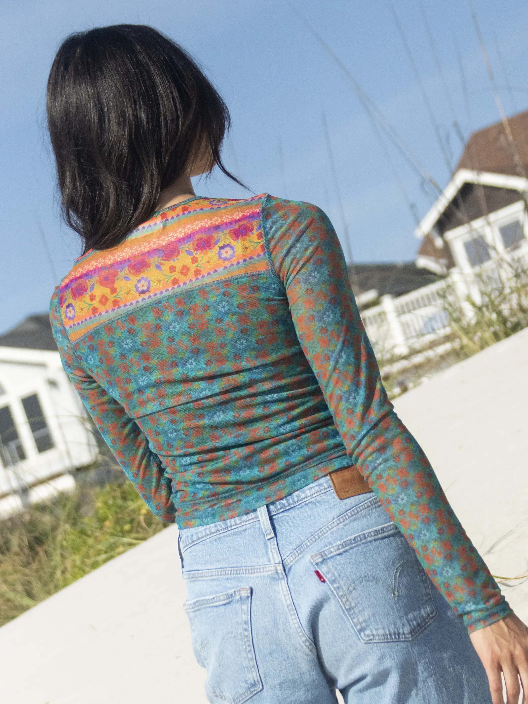 Sloane Mesh Long Sleeve Top - Bright Border