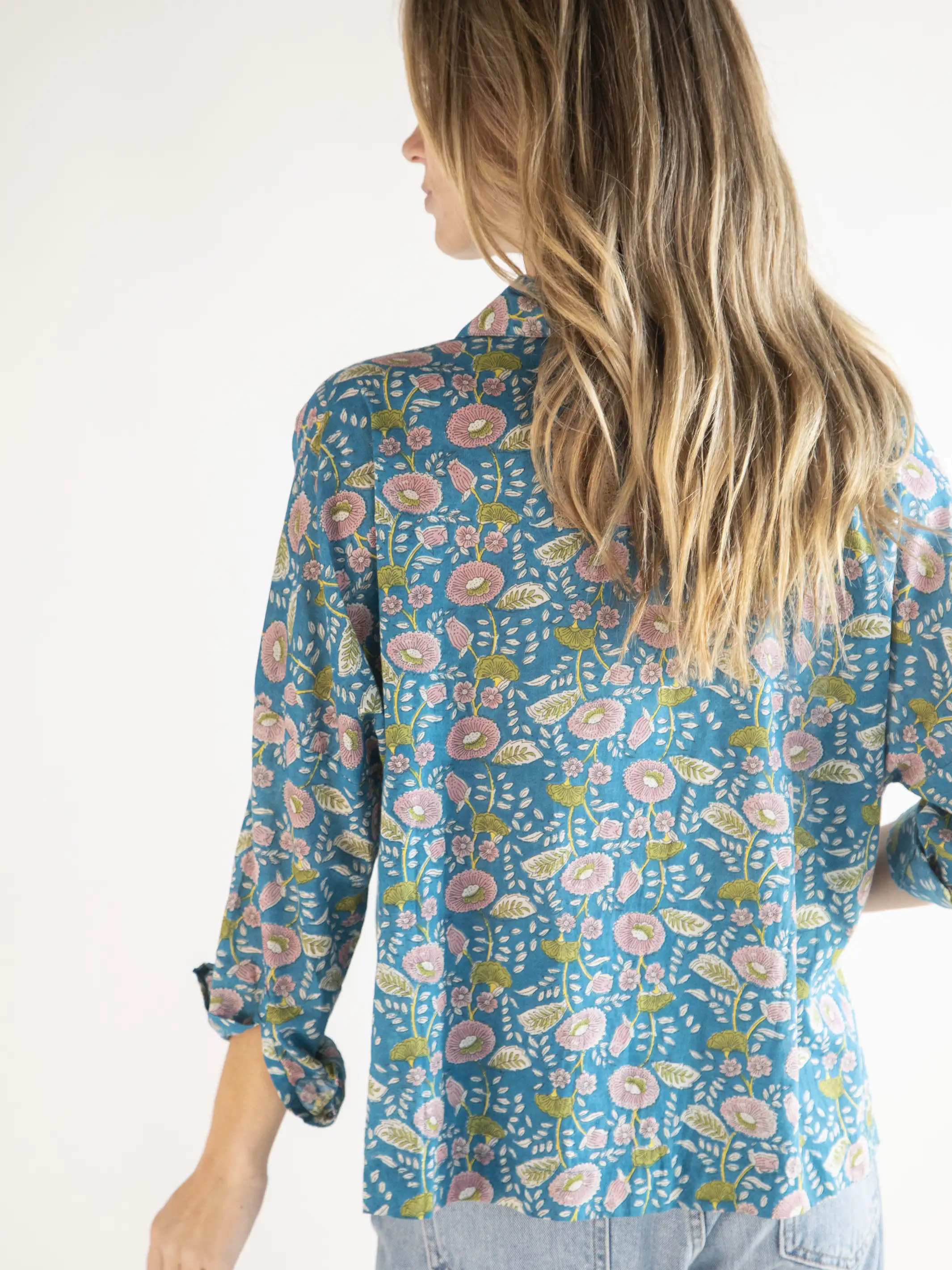 Lara Button Down - Blue Pink Floral Vines