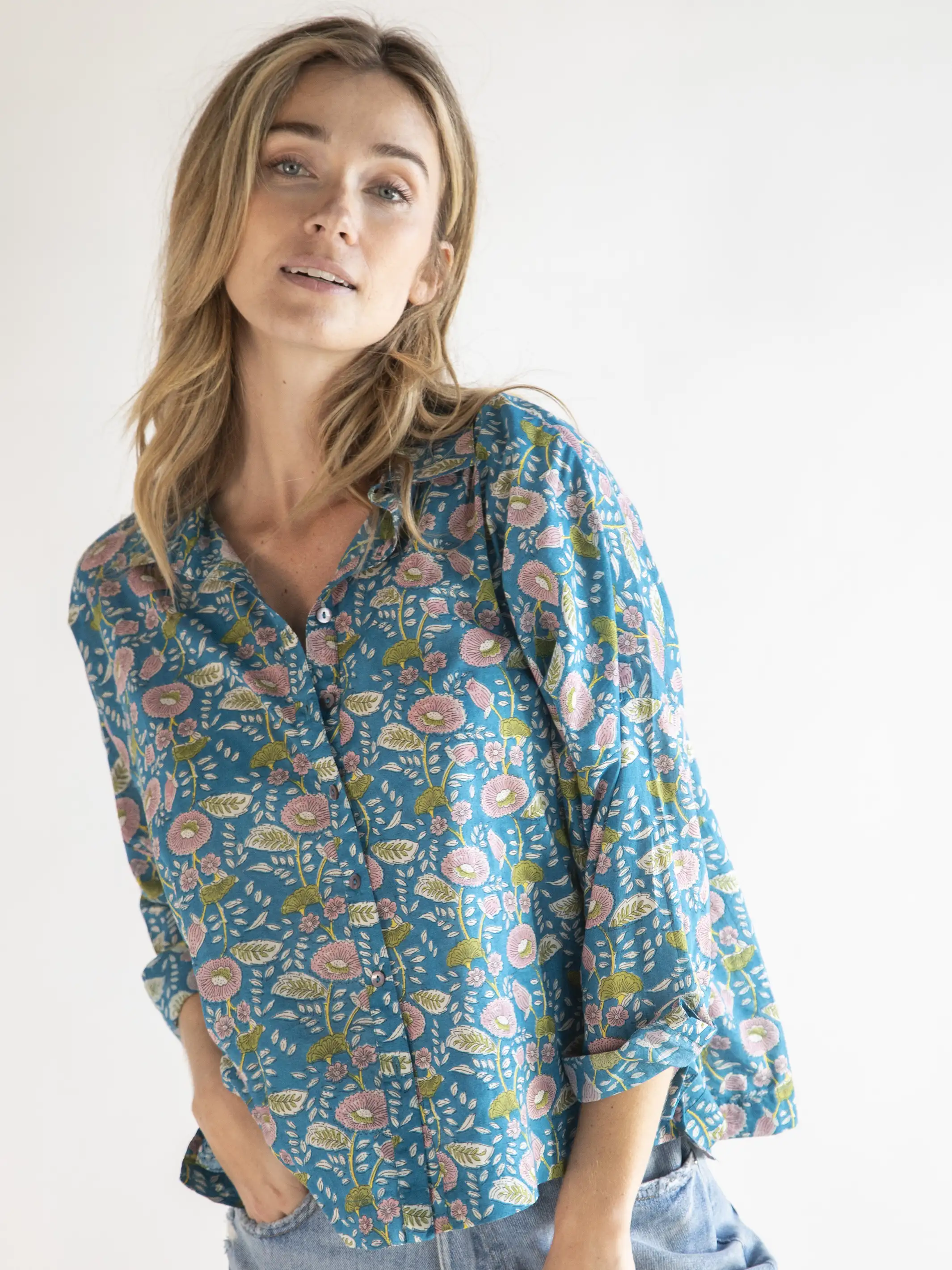 Lara Button Down - Blue Pink Floral Vines