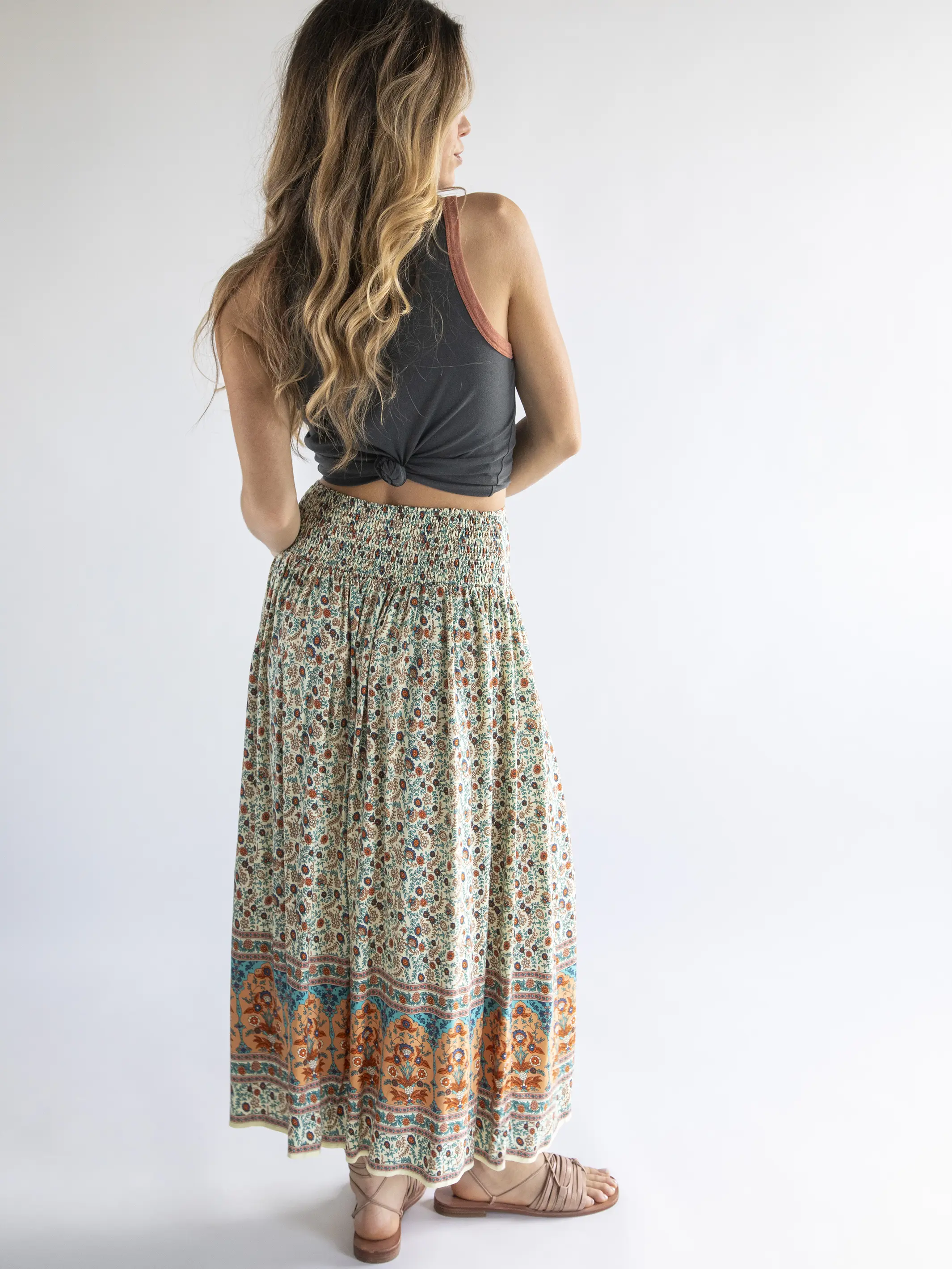 Addie Midi Skirt - Cream Orange Border