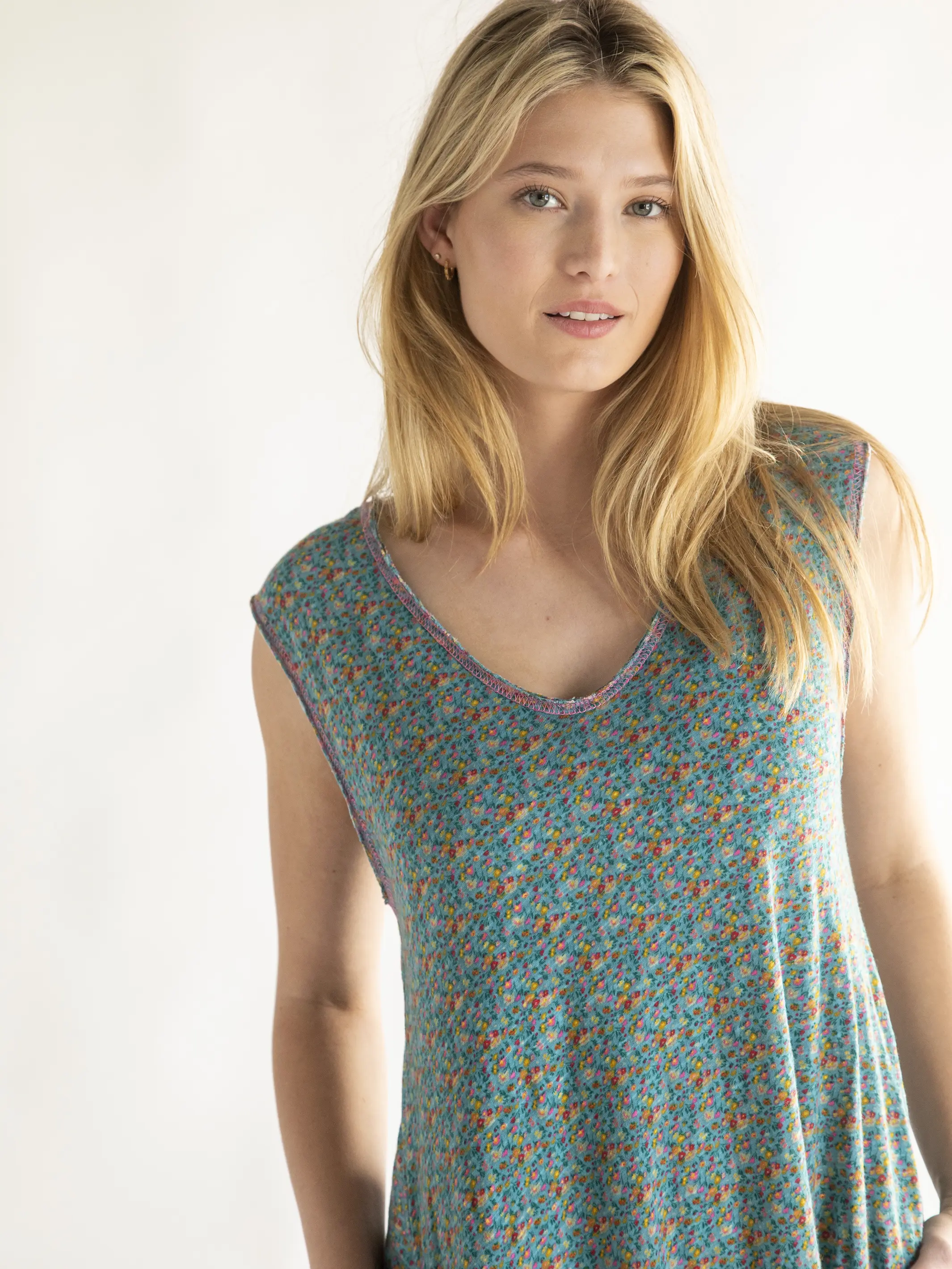 Hangout Cotton Midi Dress - Turquoise Pink Floral