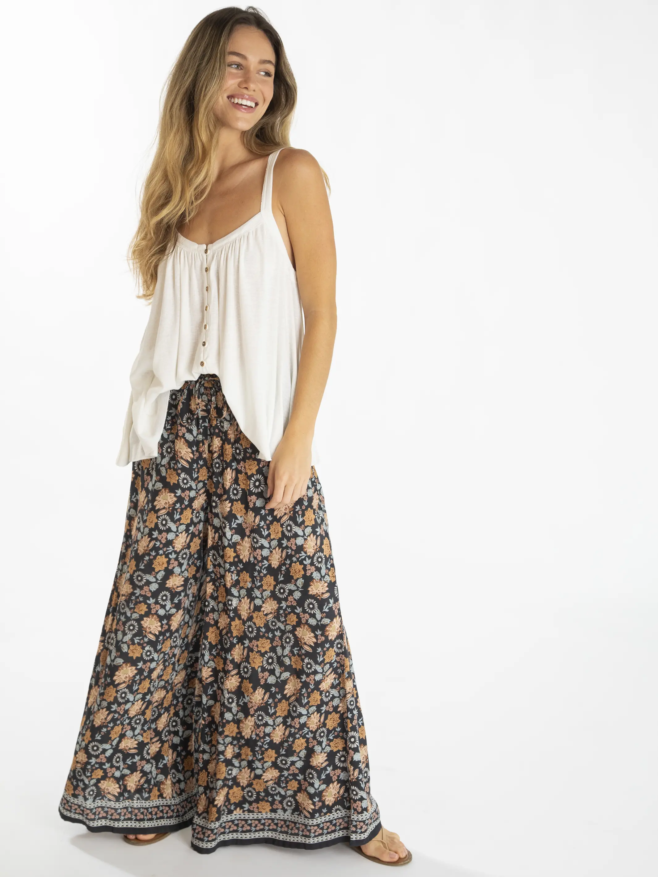 Go With The Flow Wide Leg Pant - Charcoal Light Blue Floral Border