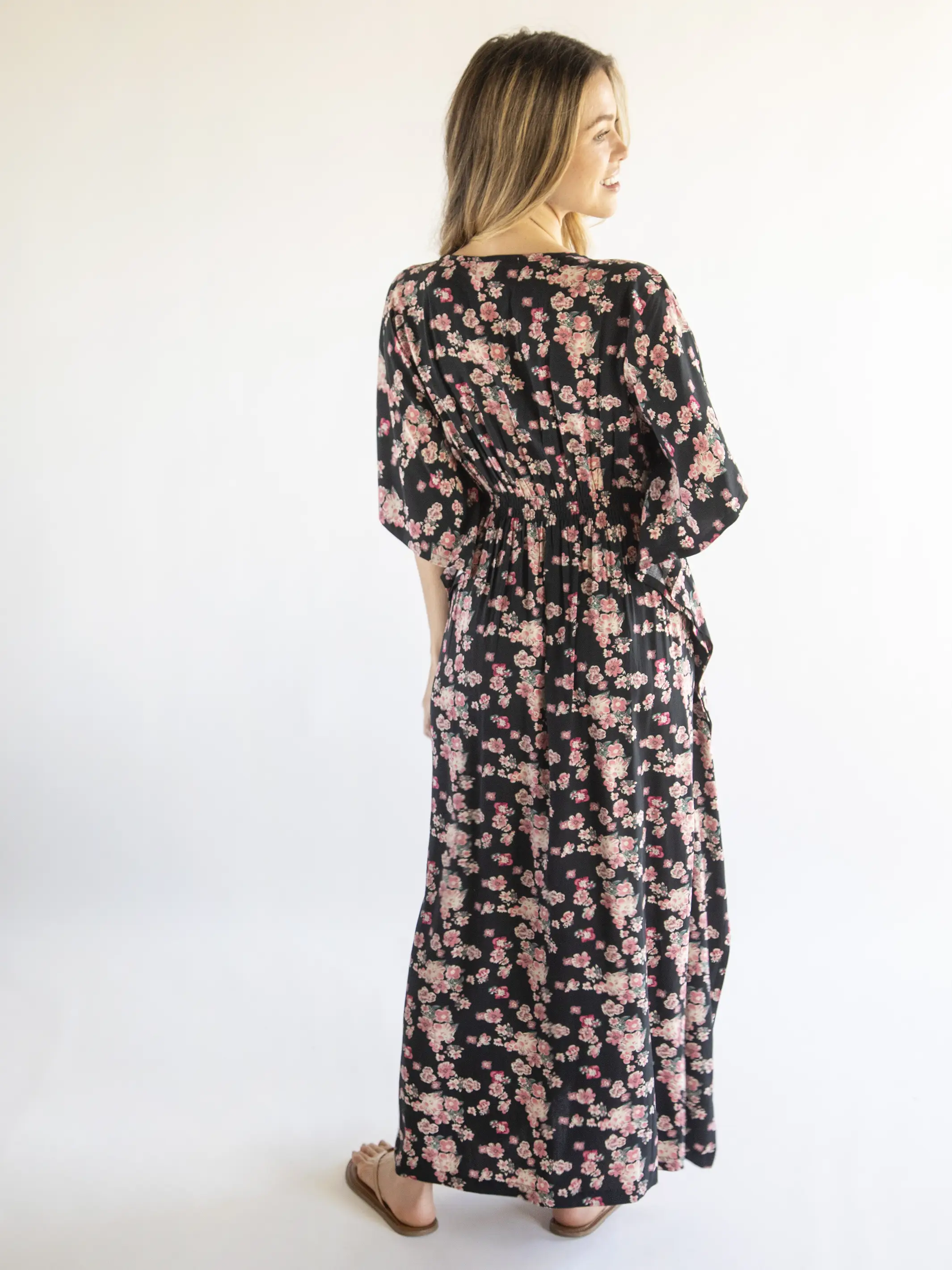 Sanibel Kaftan Dress - Black Light Pink Floral