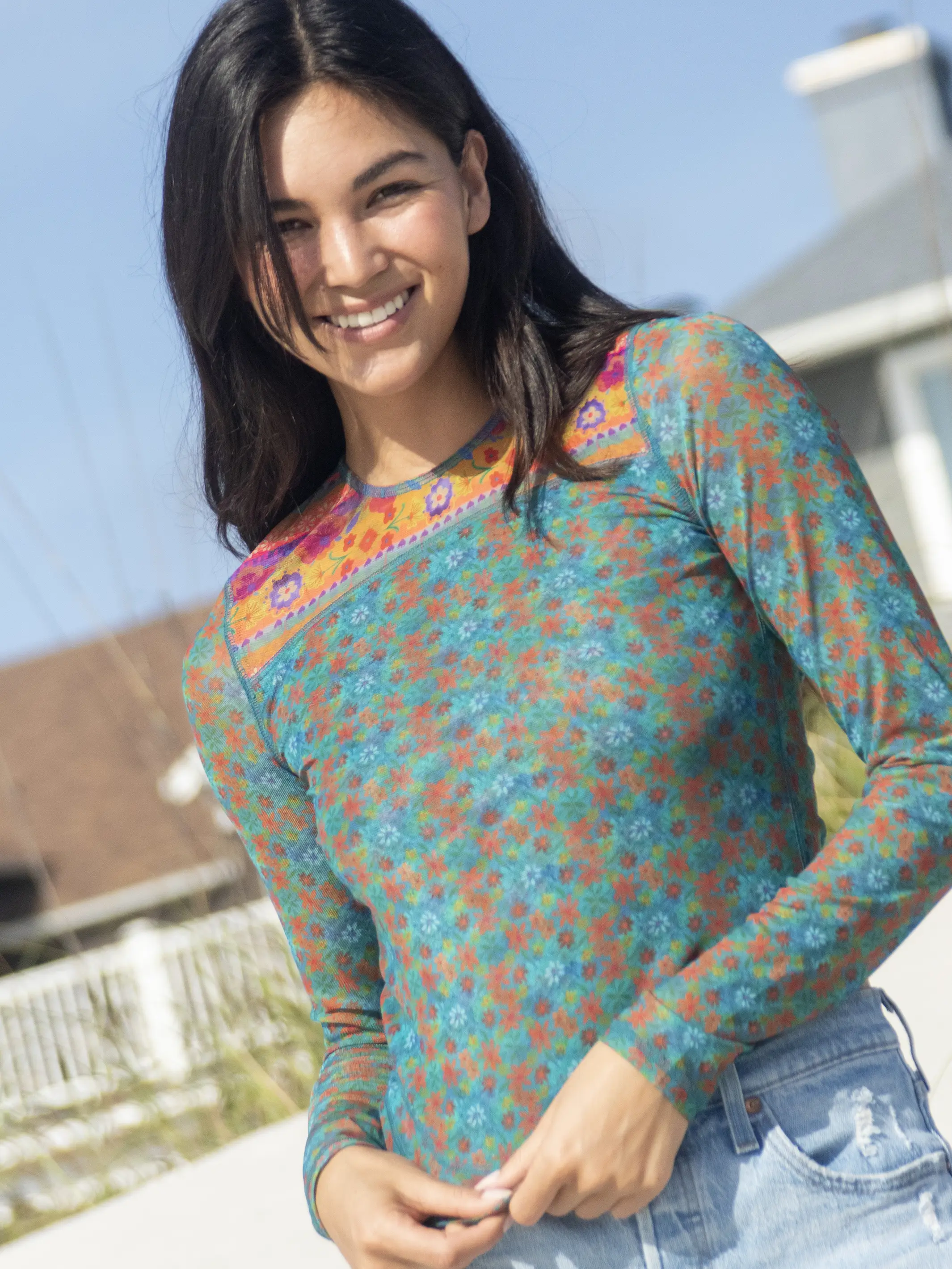 Sloane Mesh Long Sleeve Top - Bright Border