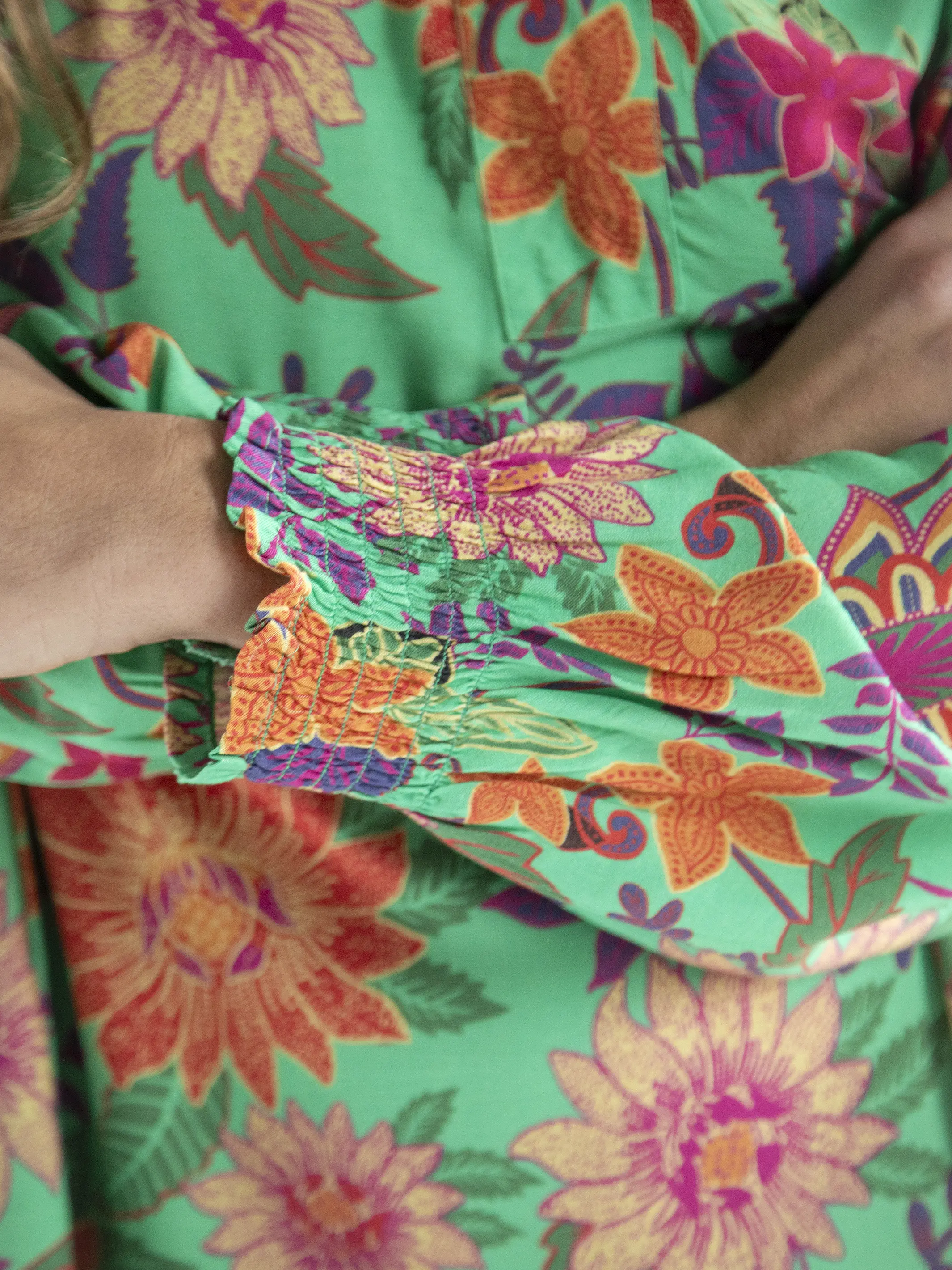 Dara V-Neck Tunic Dress - Green Floral Border