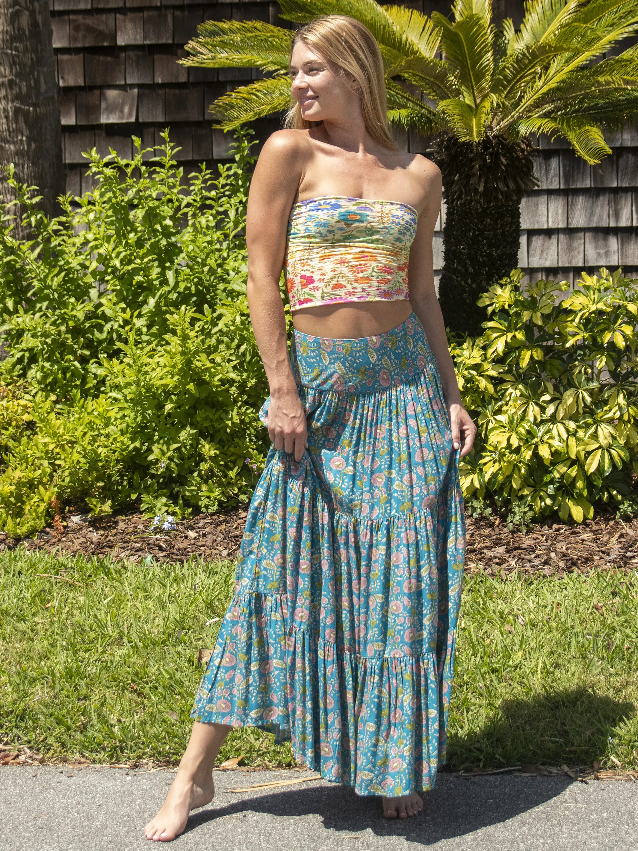 Hanna Convertible Maxi Skirt - Blue Pink Floral Vines