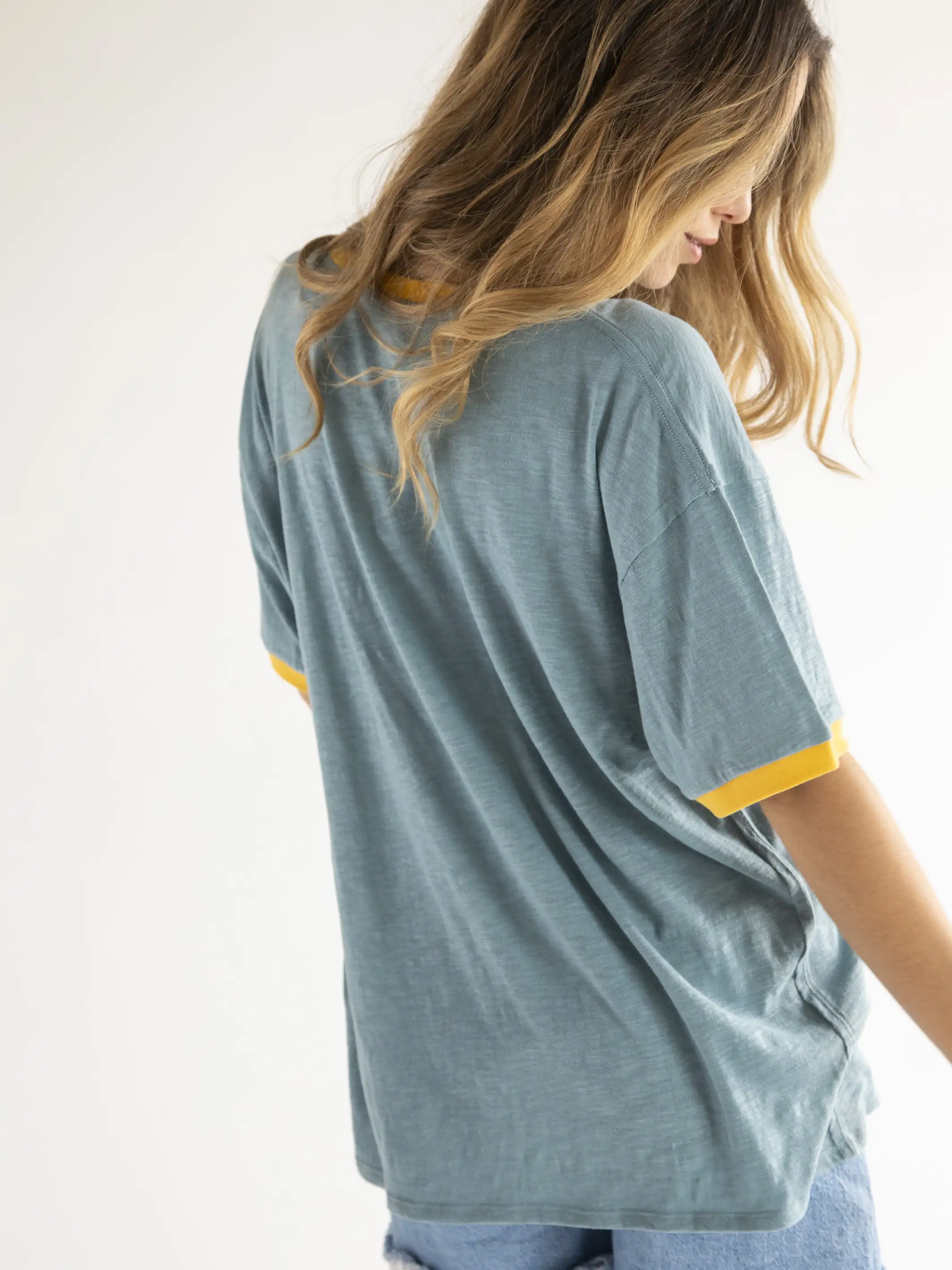 Ringer Oversized Tee Shirt - Dusty Blue Smiley