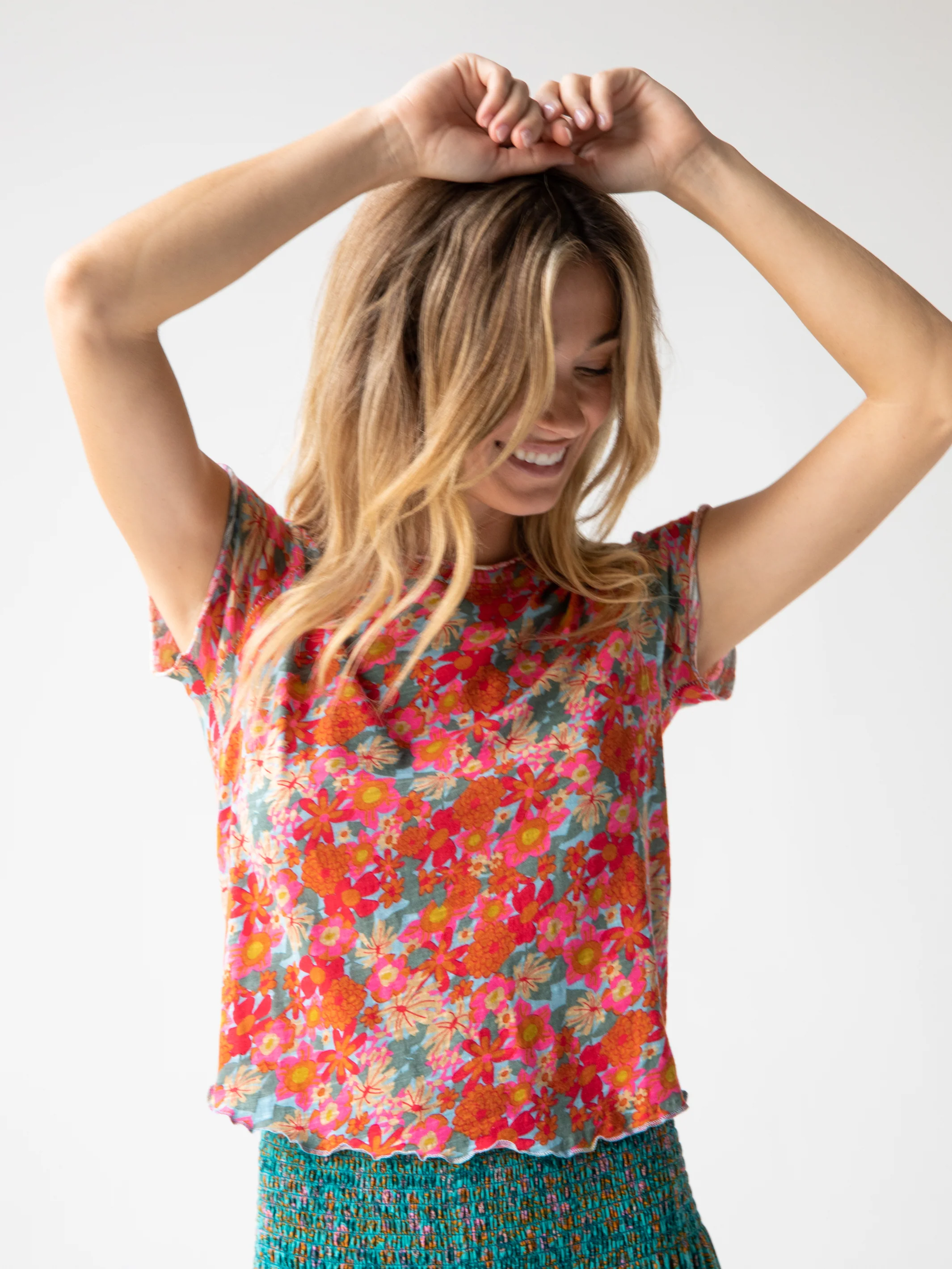 Lily Knit Cotton Tee Shirt - Pink Red Floral