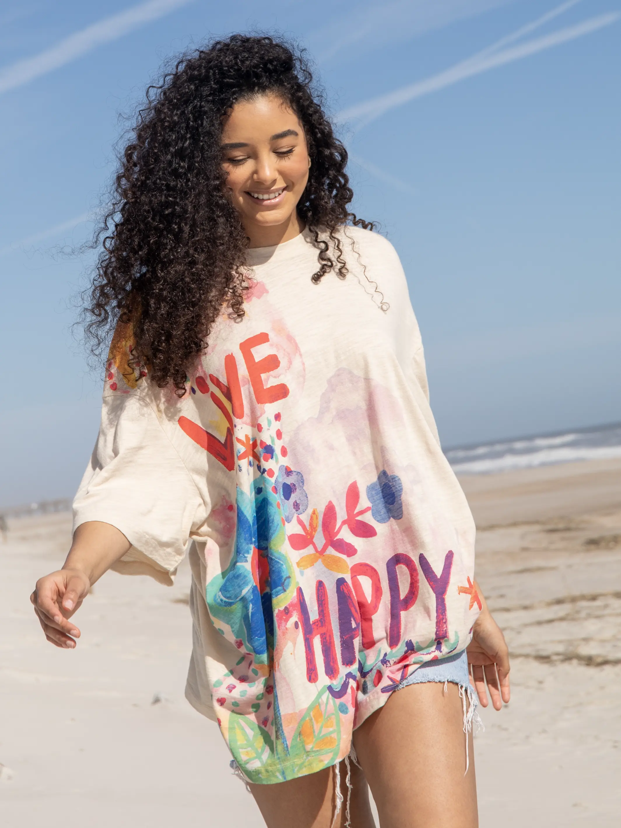 One Size Cotton Easy Tee - Live Happy Cream