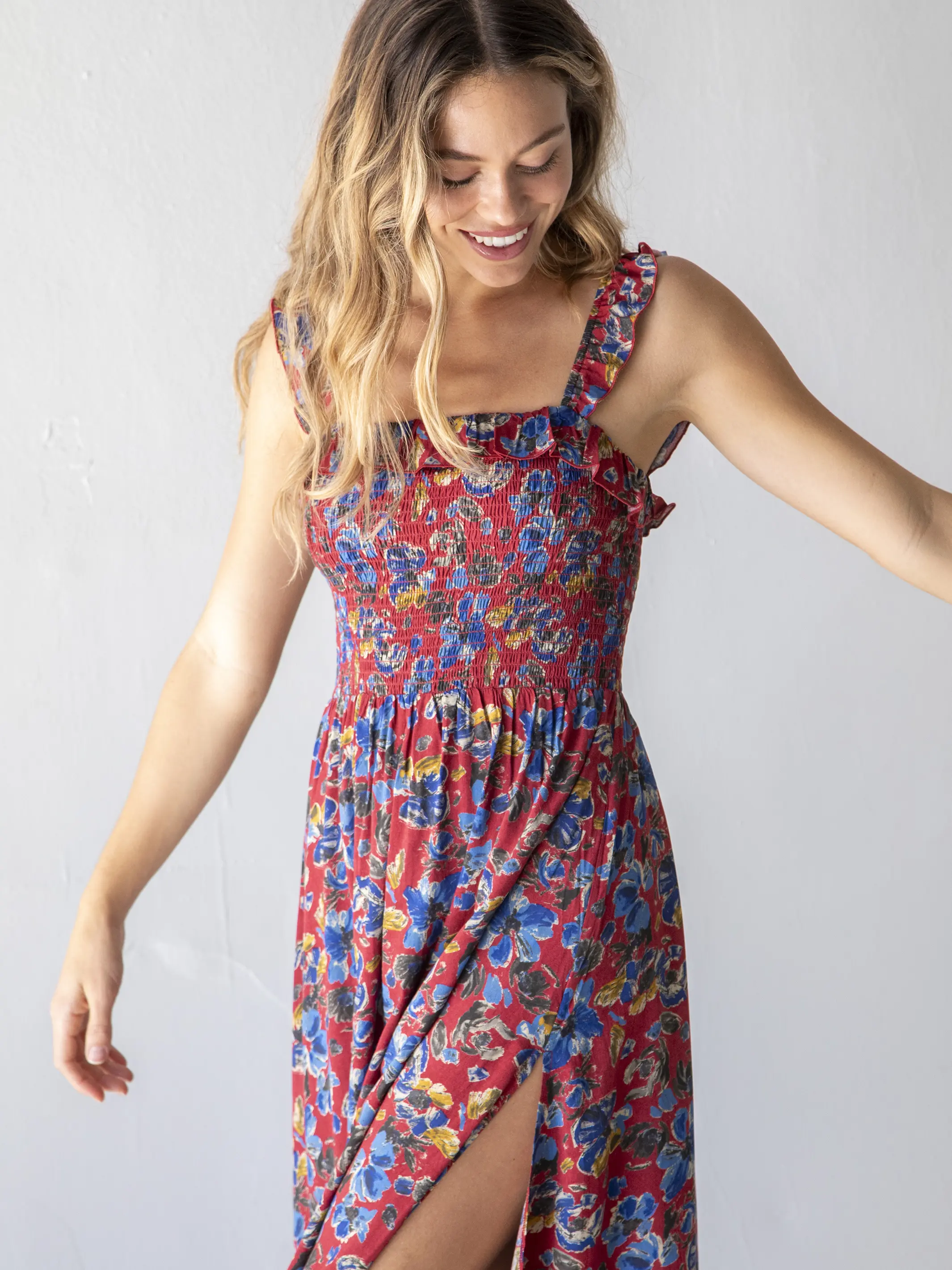 Megan Smocked Midi Dress - Red Blue Floral