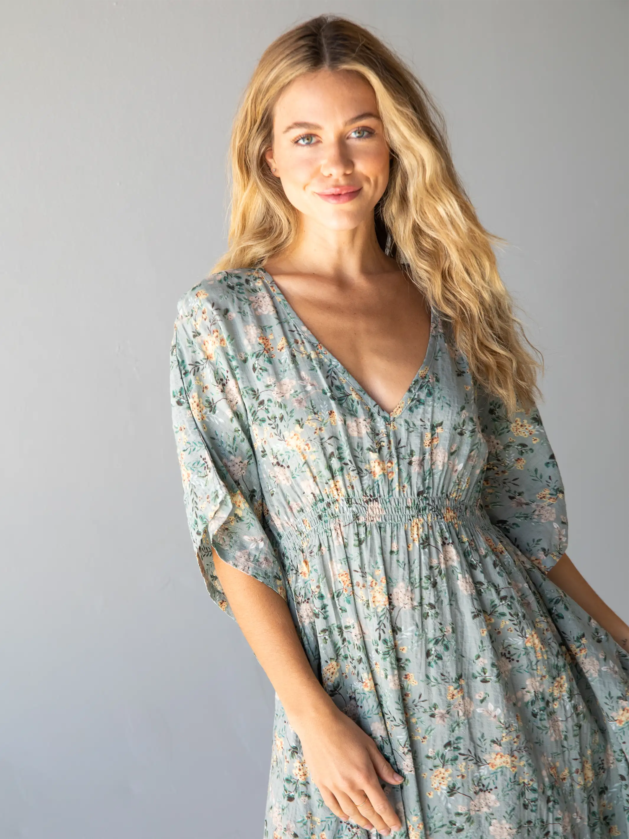 Sanibel Kaftan Dress - Light Green Floral
