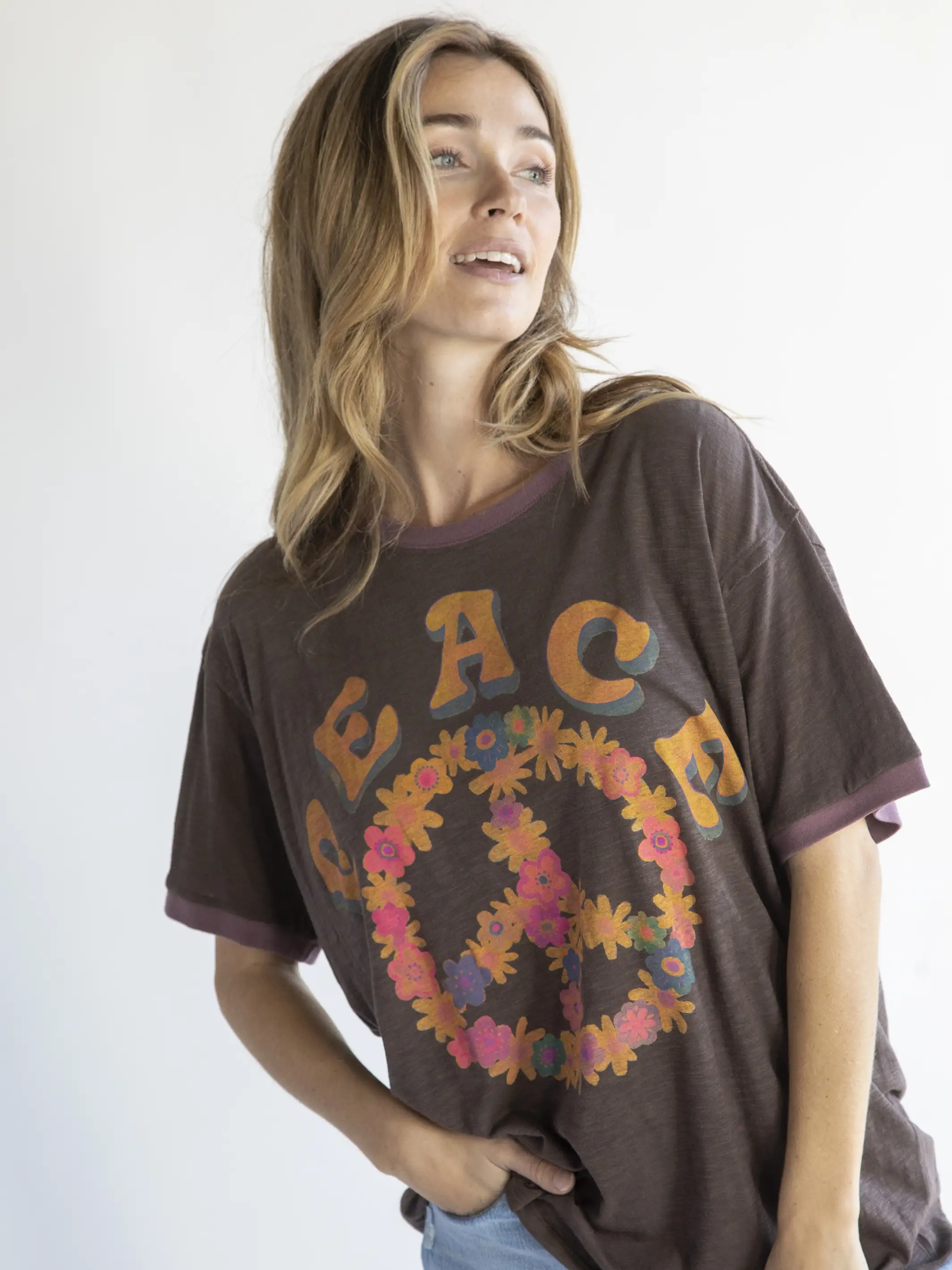 Ringer Oversized Tee Shirt - Peace
